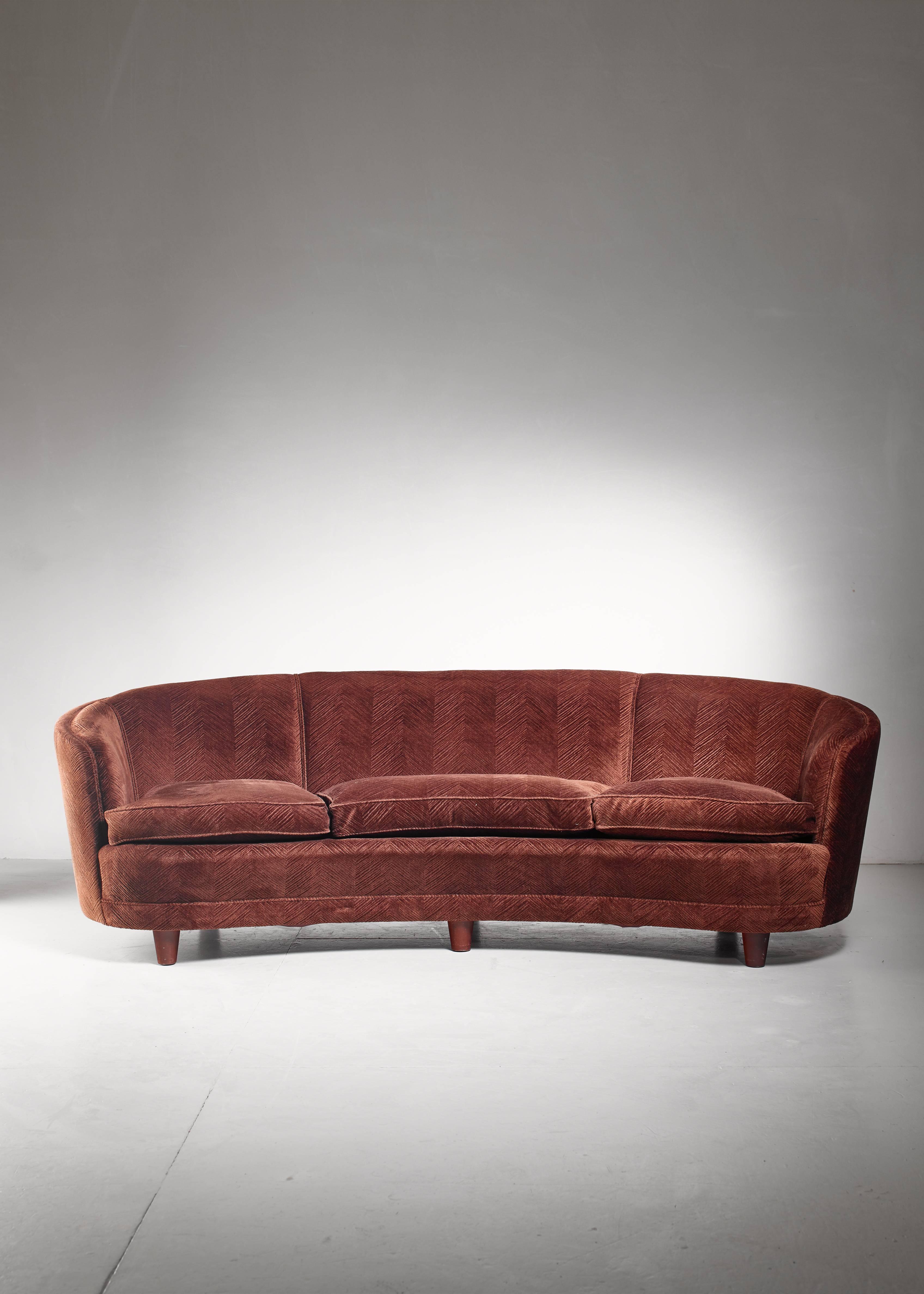 Swedish Large Curved, Brown Scandinavian Sofa, 1940s For Sale