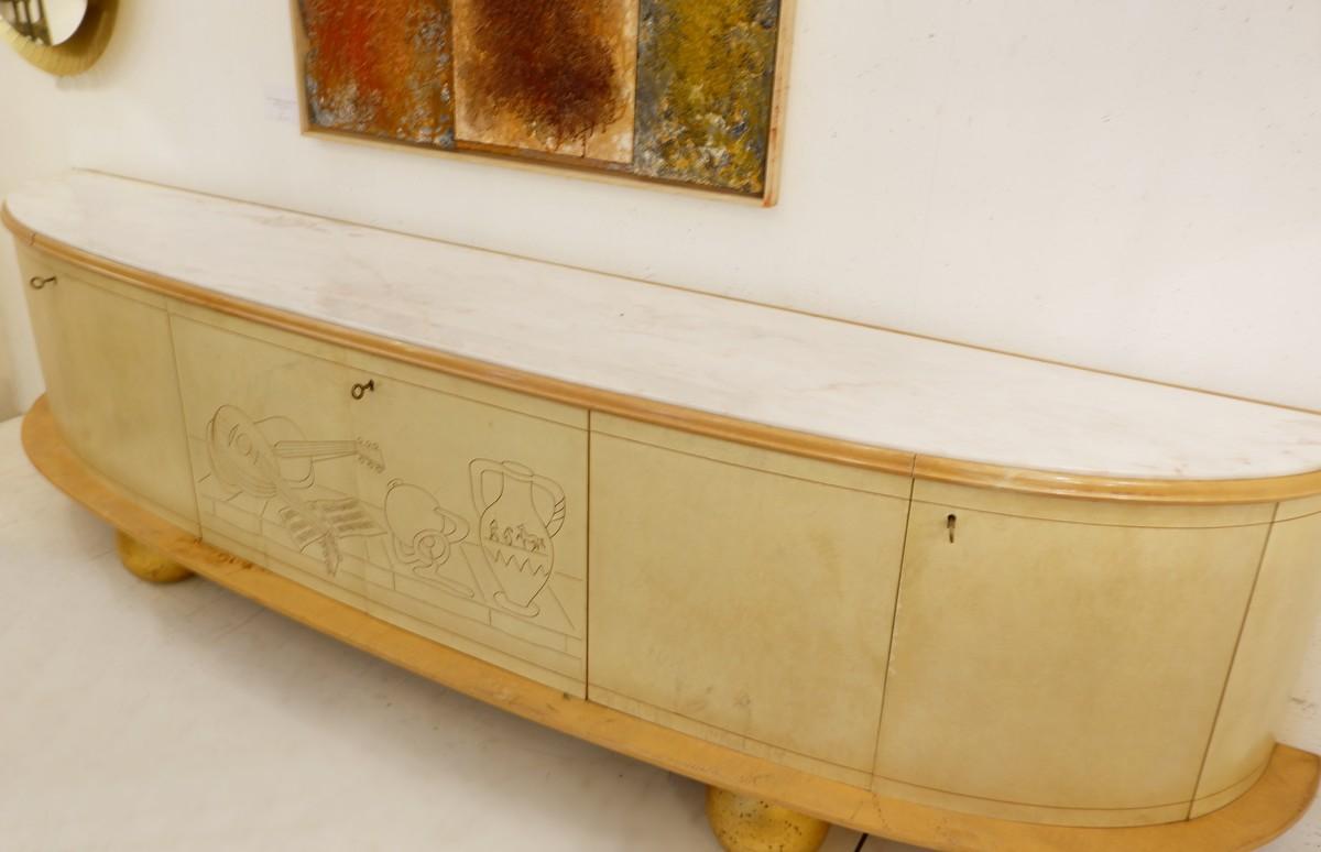 Large Curved Credenza in Parchment with Marble Top, Italy, 1950s 2