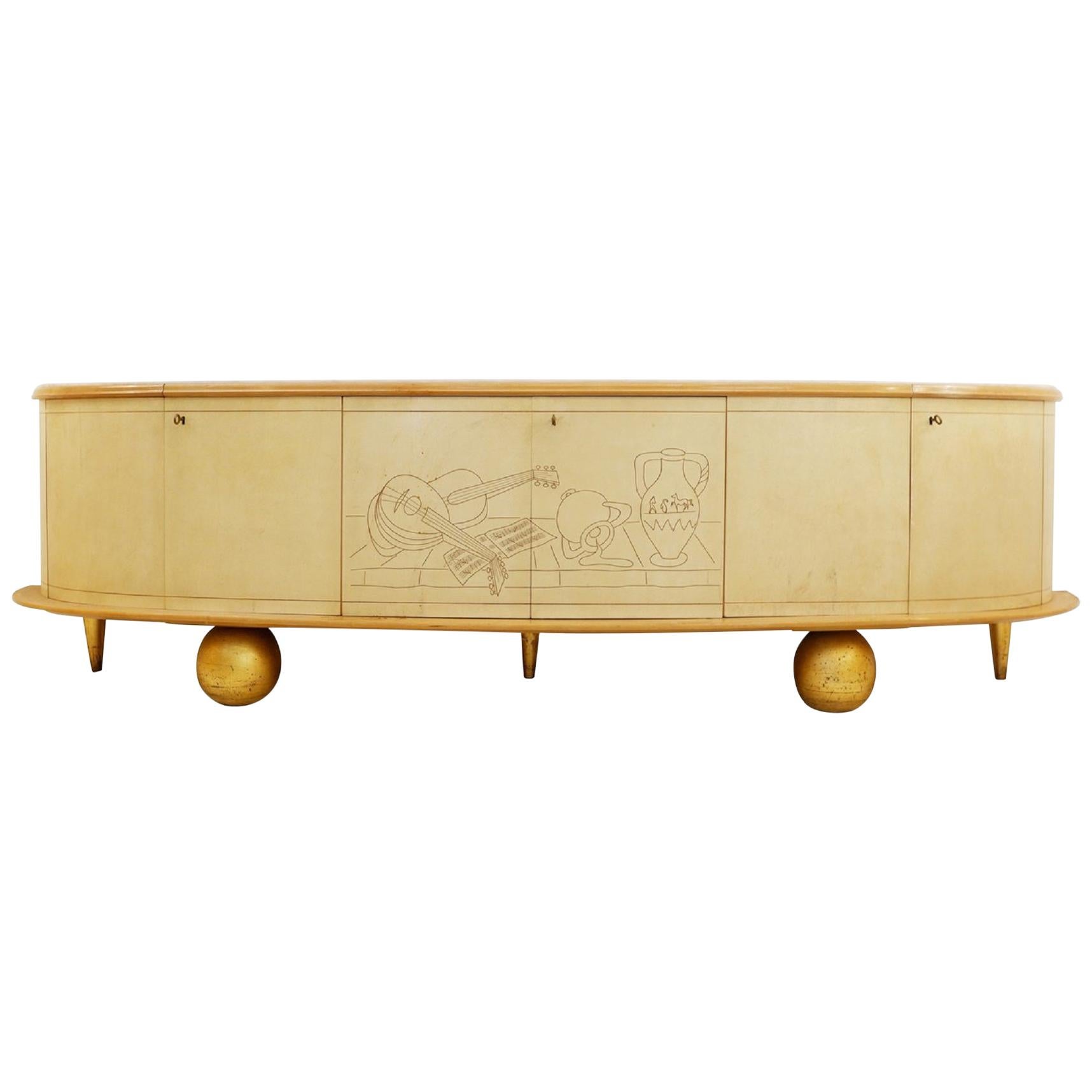 Large Curved Credenza in Parchment with Marble Top, Italy, 1950s