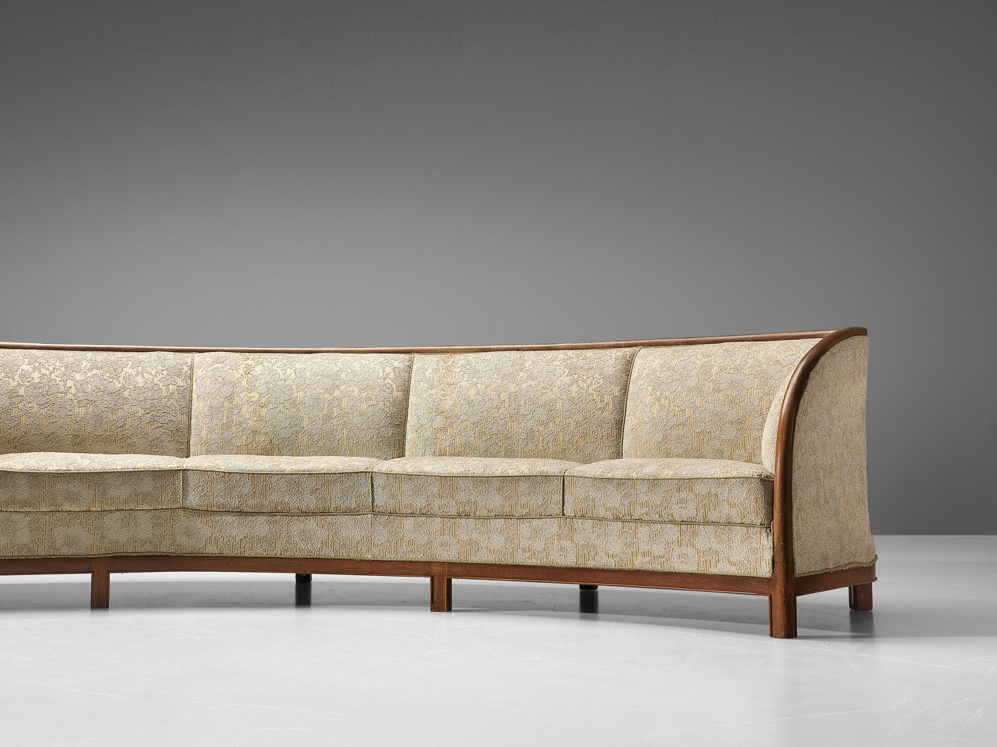 Mid-20th Century Large Curved Danish Sofa in Light Fabric Upholstery For Sale
