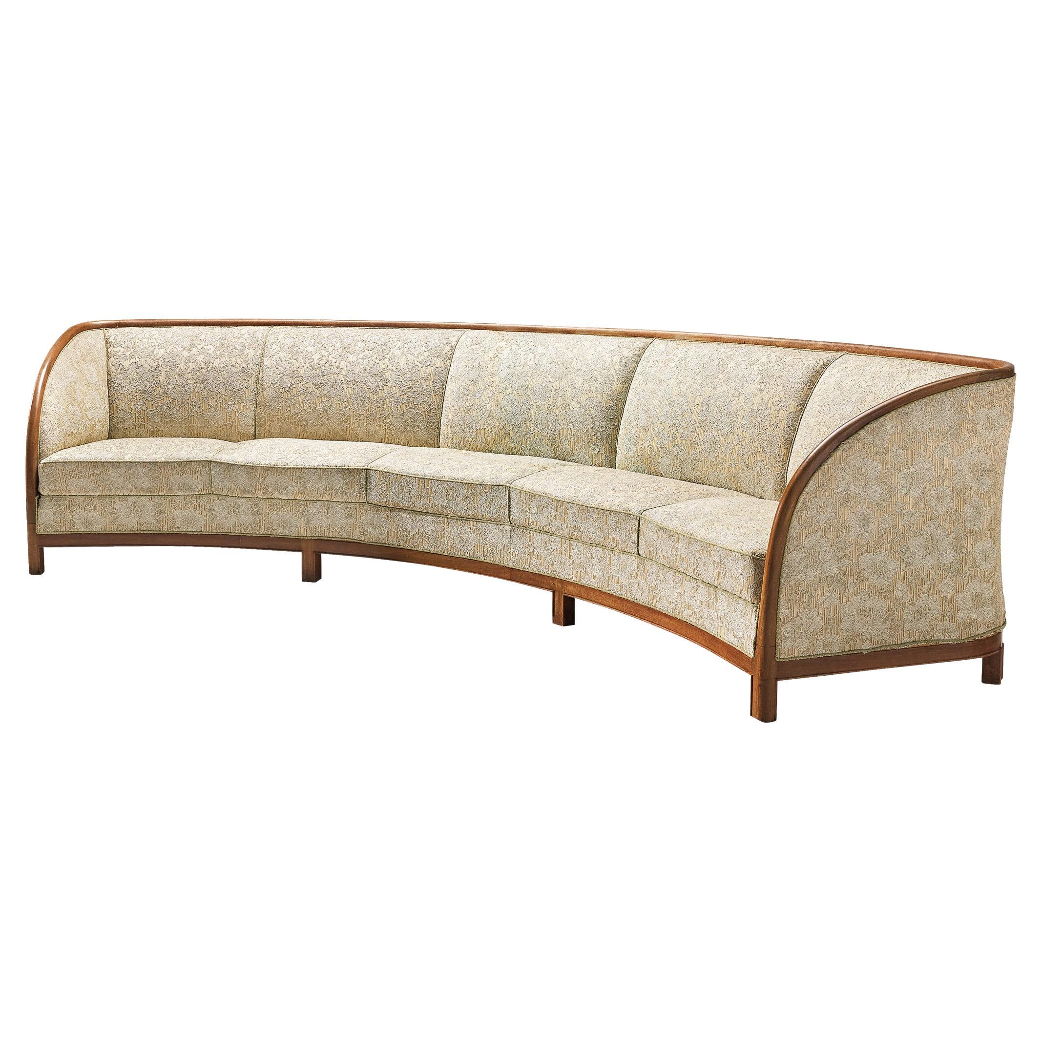 Large Curved Danish Sofa in Light Fabric Upholstery For Sale