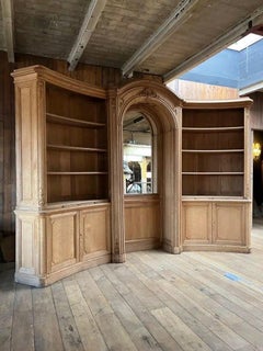 Large Curved Louis XV Style Oak Corner Library with Central Mirrored Panel