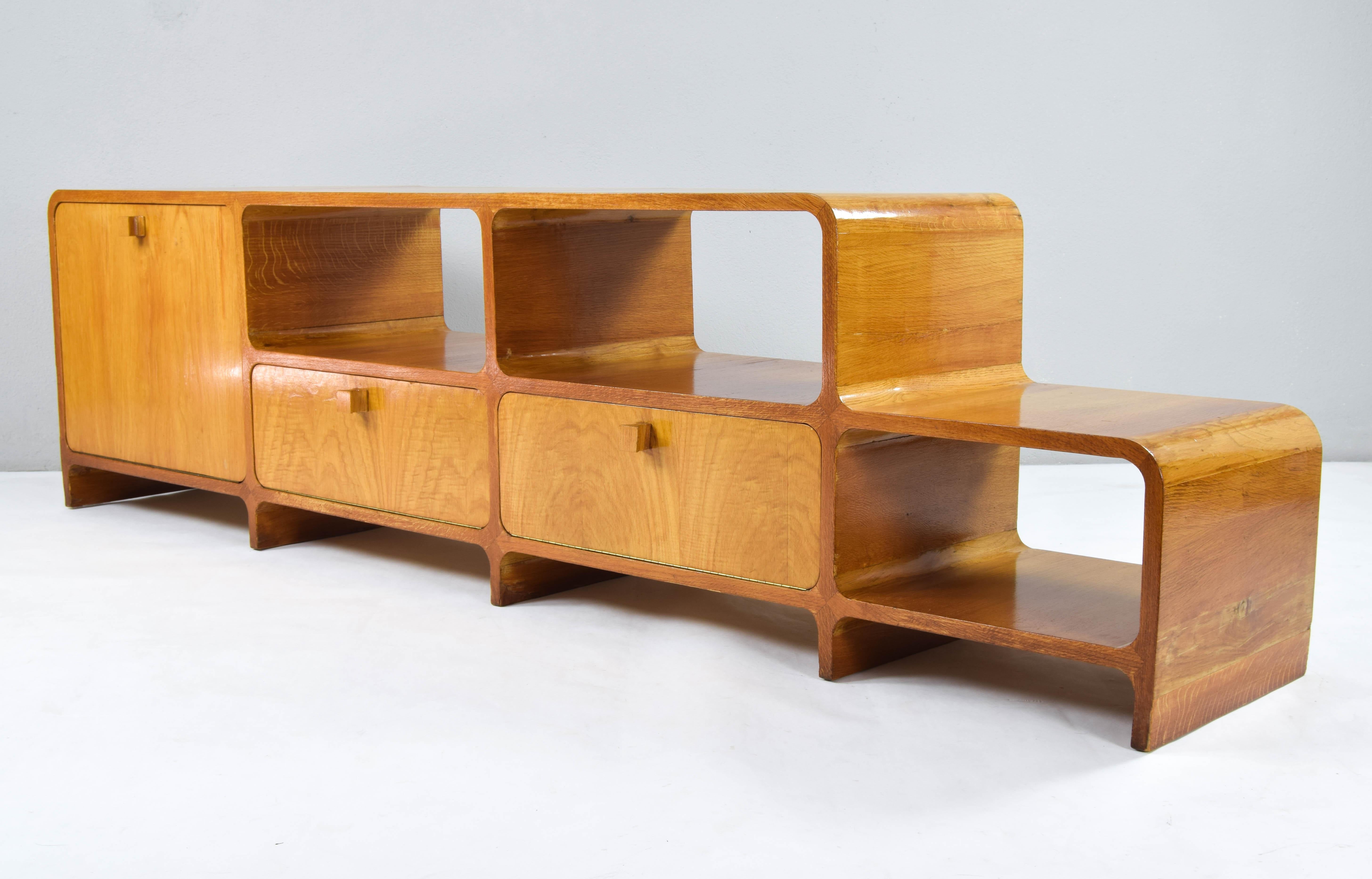 Bauhaus Large Curved Midcentury Danish Modern Teak Double Sided Space Divider Sideboard