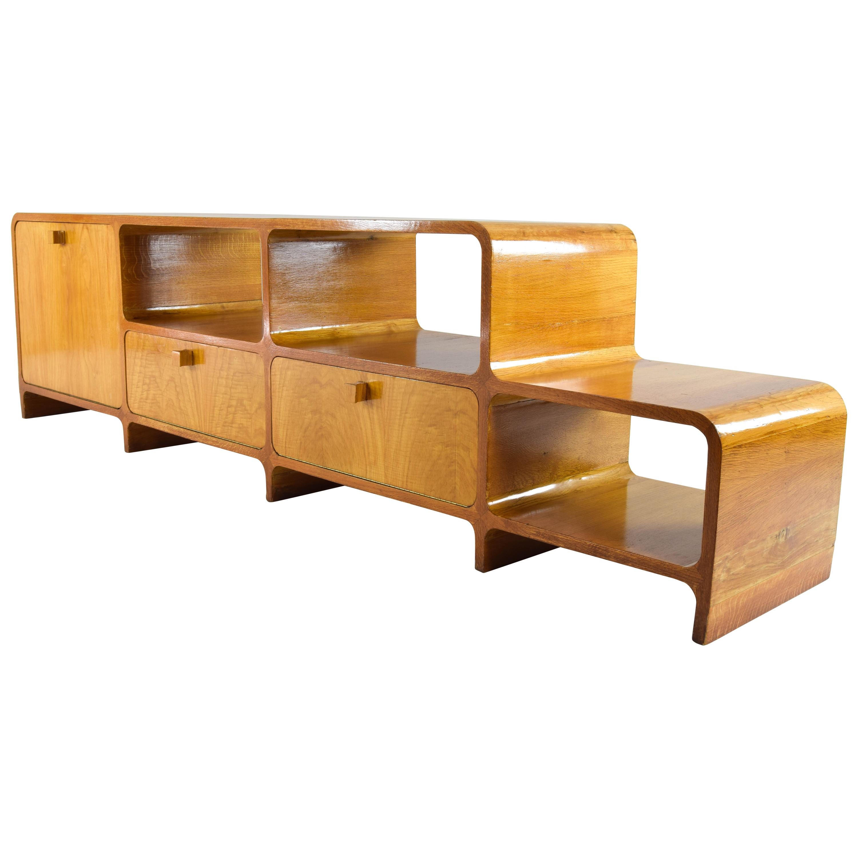 Large Curved Midcentury Danish Modern Teak Double Sided Space Divider Sideboard
