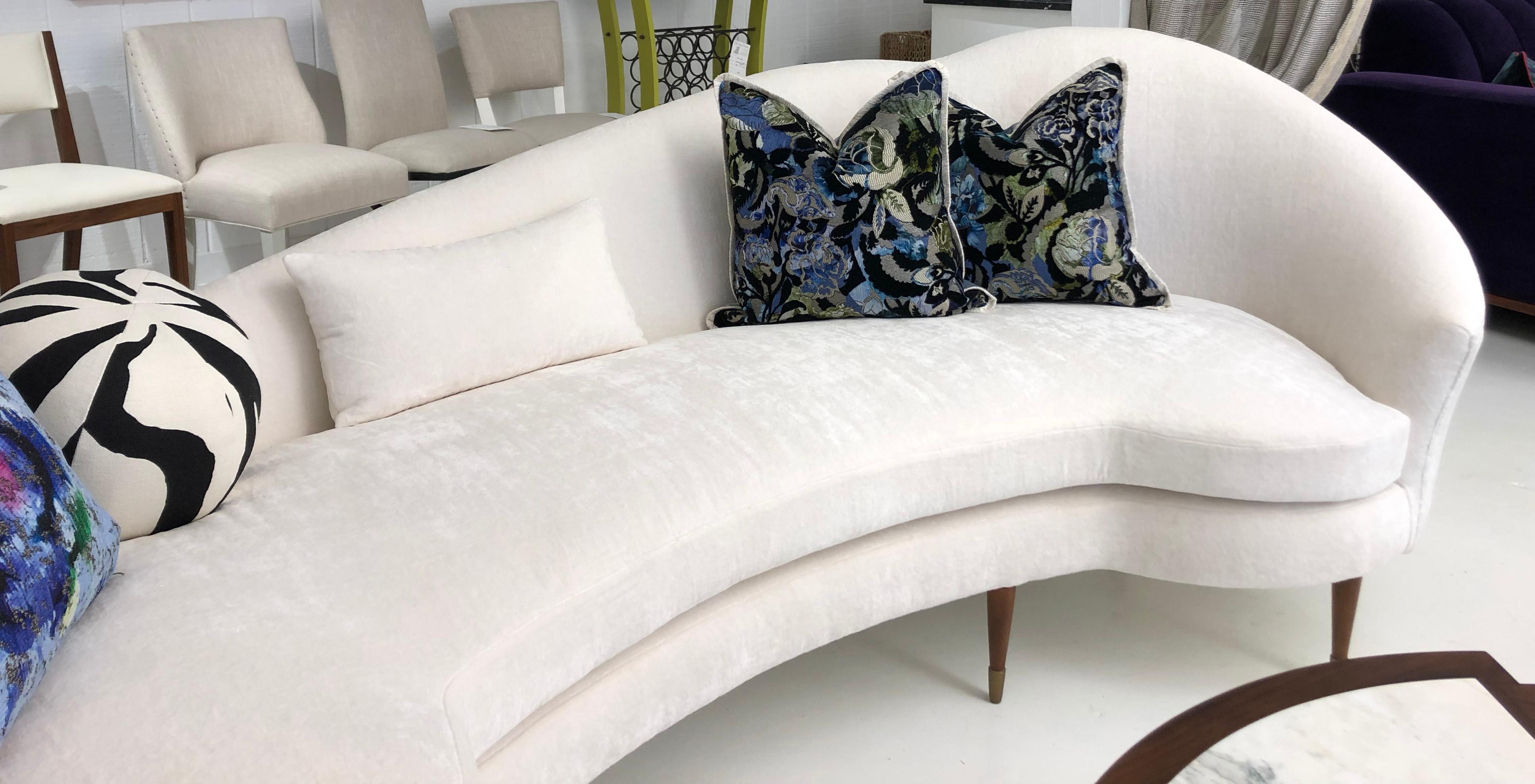 Mid-Century Modern Large Curved Modern White Velvet Sofa