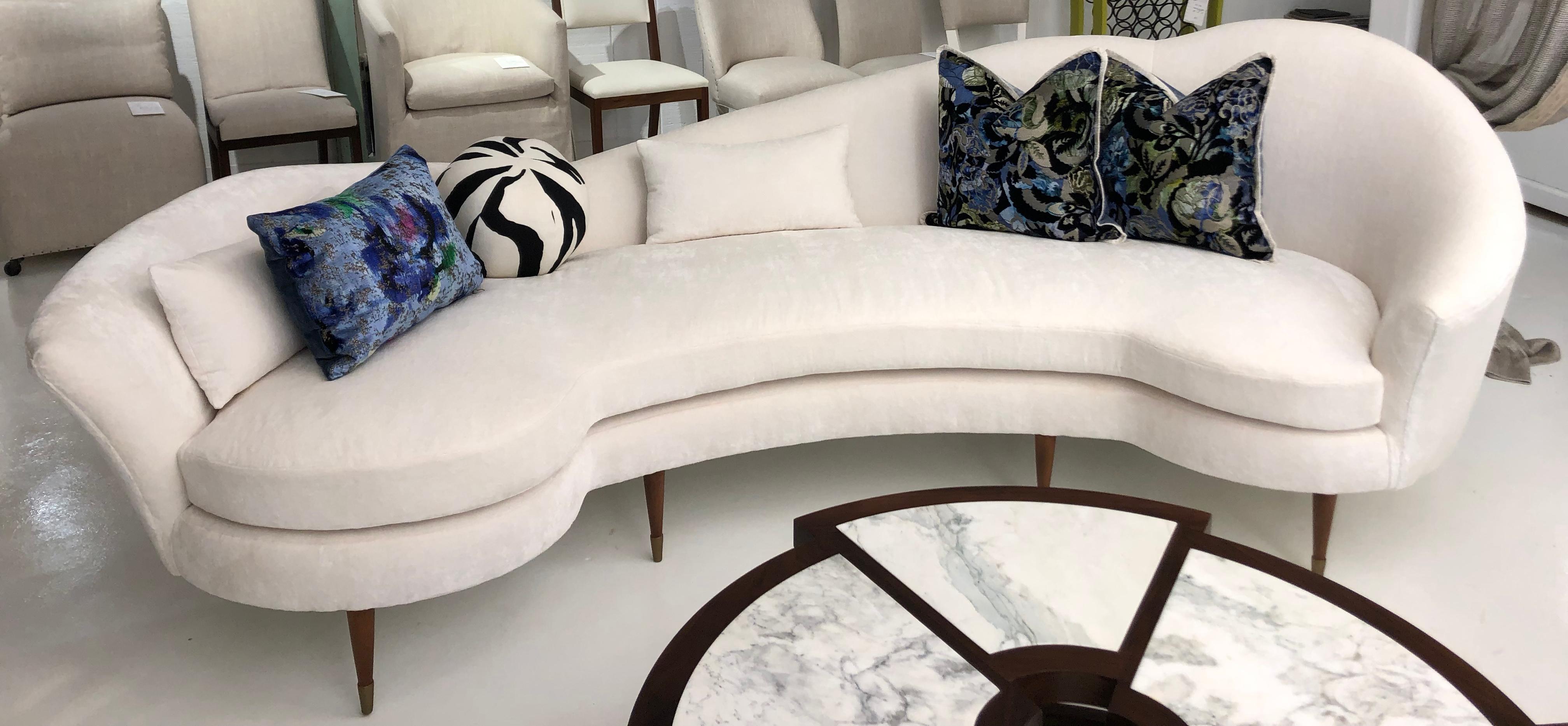 Large Curved Modern White Velvet Sofa In Good Condition In Greenwich, CT