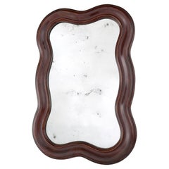 Large Curved Oak Wall Mirror With Distressed Glass, Italy 1940's