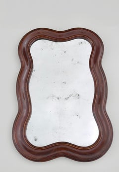 Large Curved Oak Wall Mirror With Distressed Glass, Italy 1940's