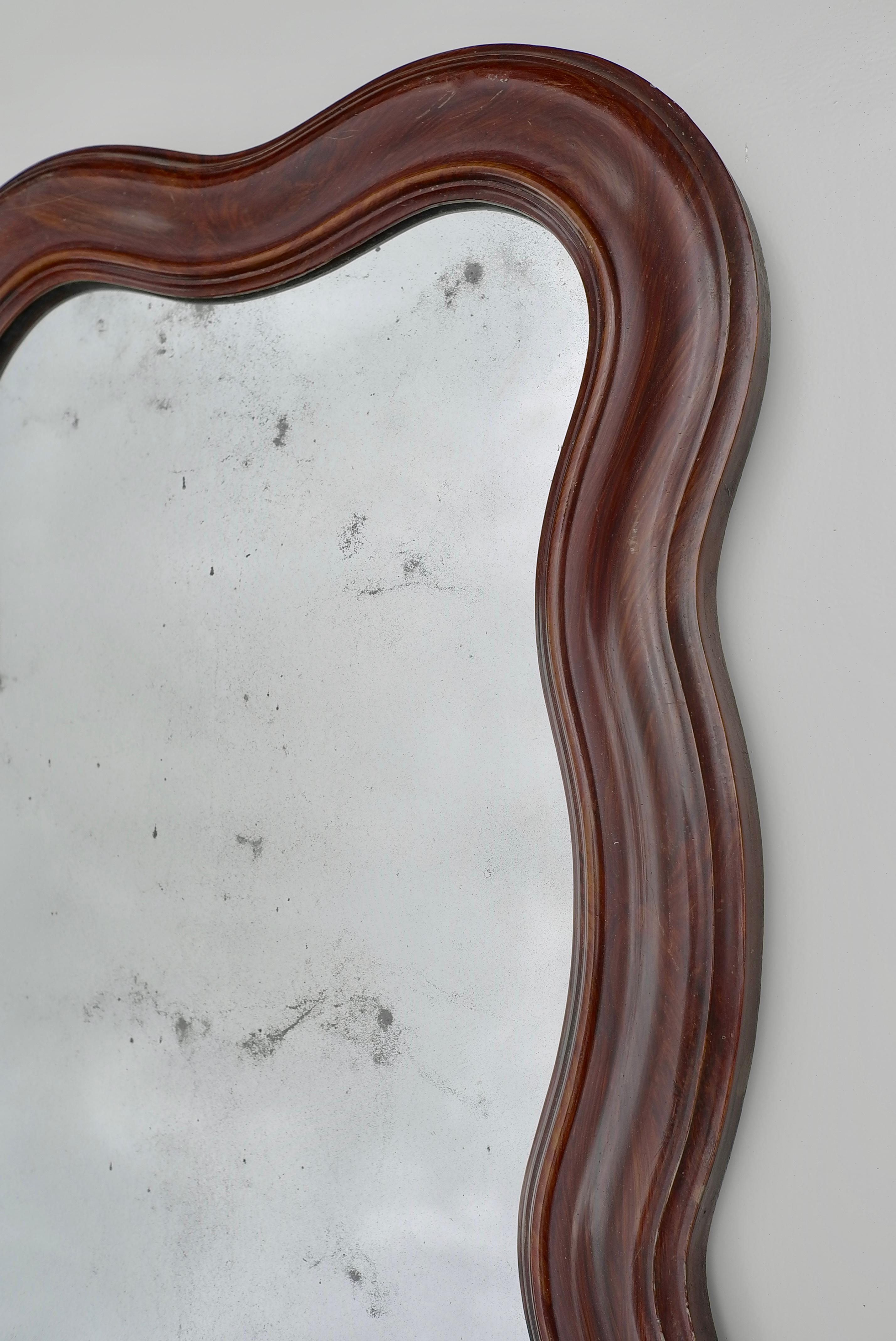 Mid-Century Modern Large Curved Oak Wall Mirror With Distressed Glass, Italy 1940's For Sale