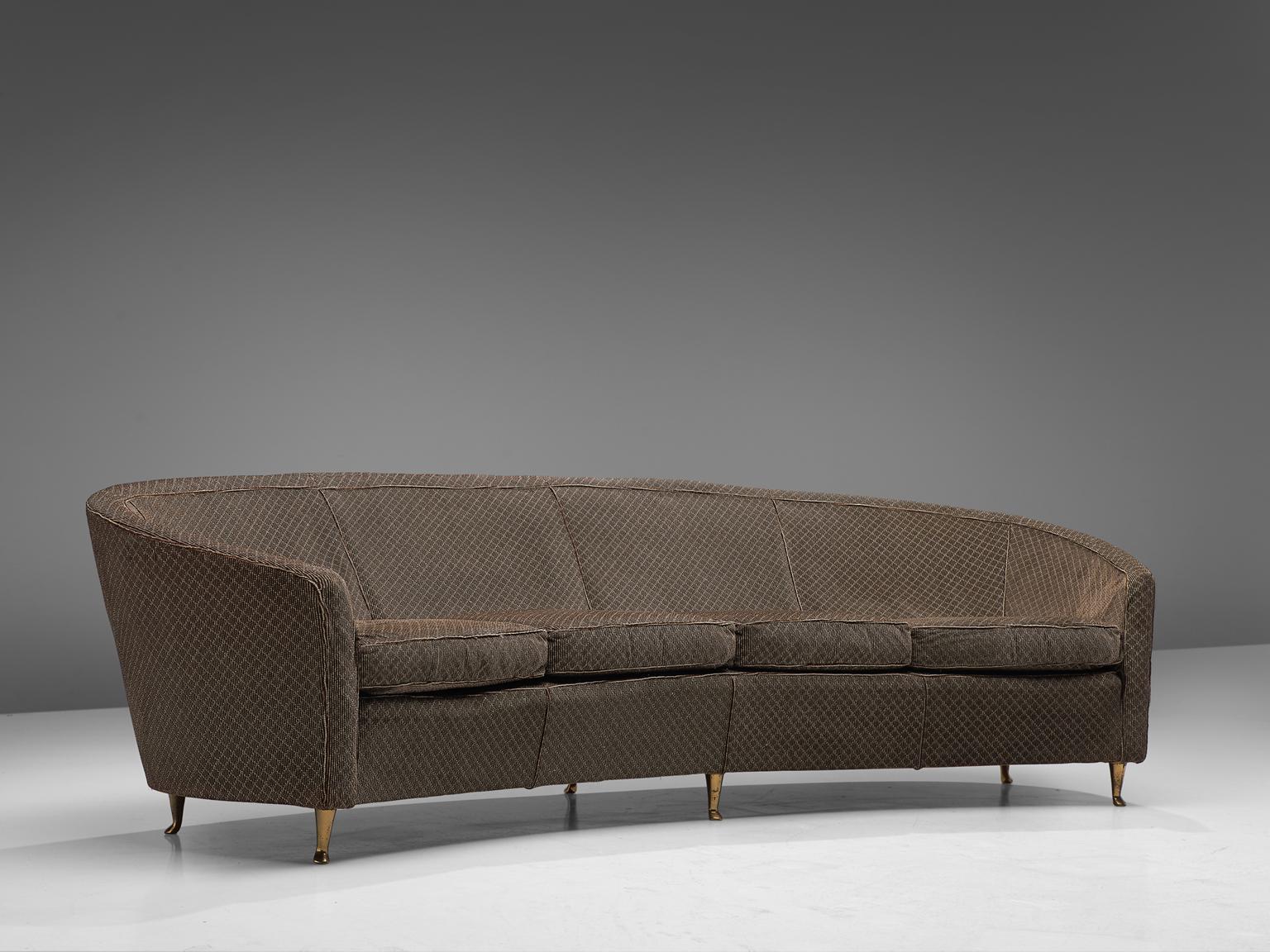 ISA, four-seat sofa, fabric and brass, Italy, 1960s.

The well known Italian manufacturing firm ISA made this sofa with its distinctive curved shape. This exceptional vintage Italian sofa by ISA Bergamo features a curved seat that would be the