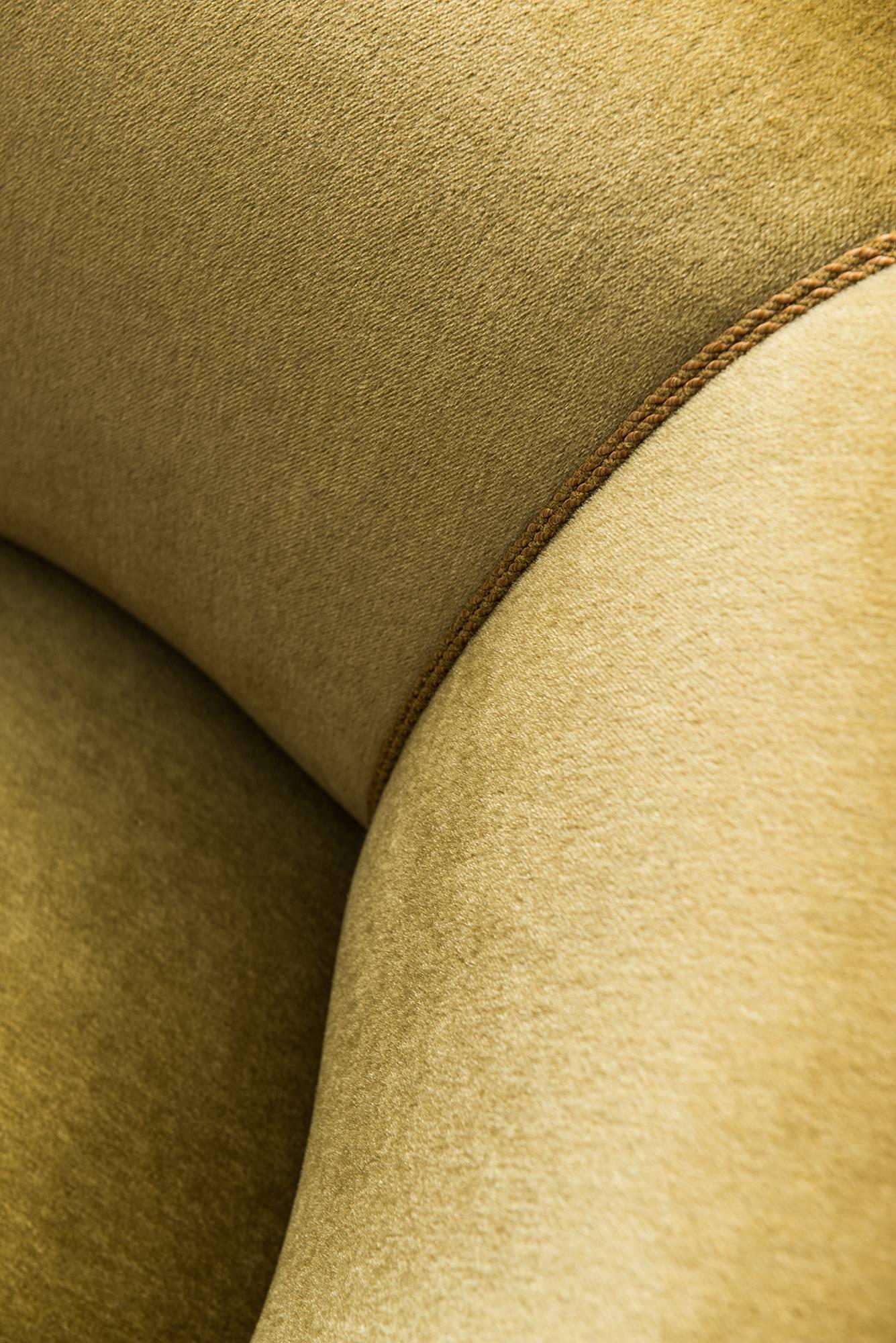 Scandinavian Modern Large Curved Sofa in Green / Yellow Velvet Produced in Denmark
