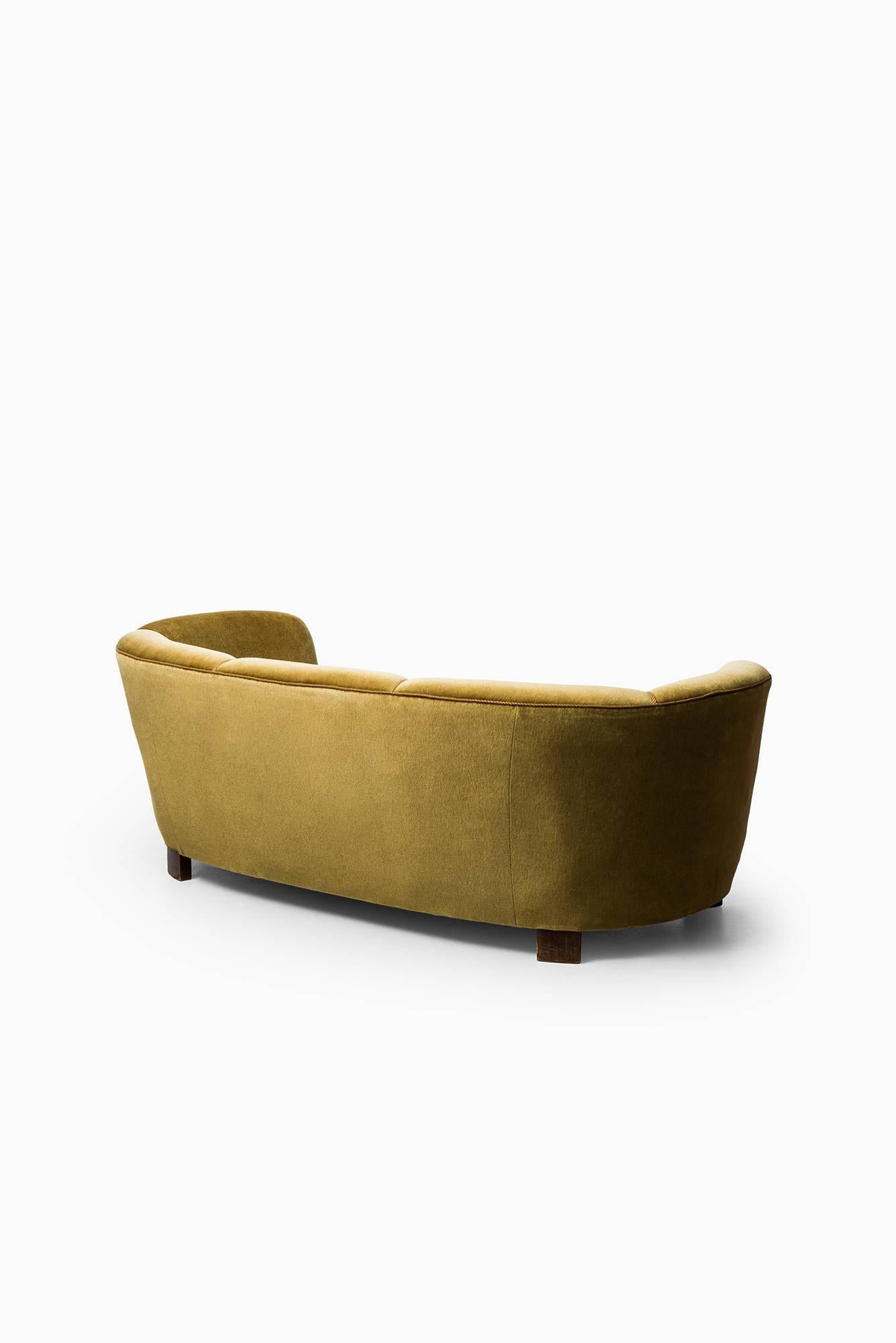 Mid-20th Century Large Curved Sofa in Green / Yellow Velvet Produced in Denmark