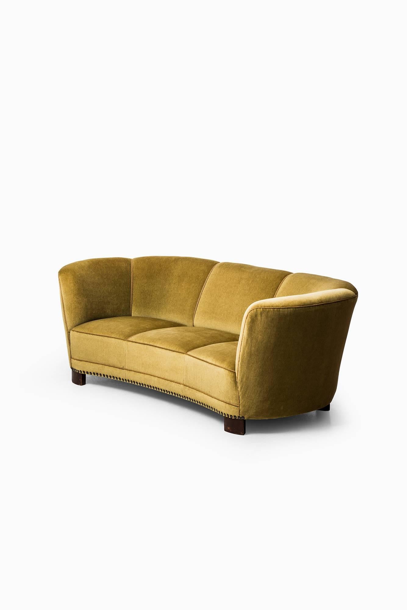 Large Curved Sofa in Green / Yellow Velvet Produced in Denmark 1