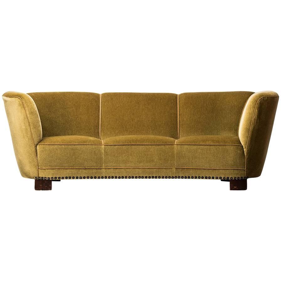 Large Curved Sofa in Green / Yellow Velvet Produced in Denmark