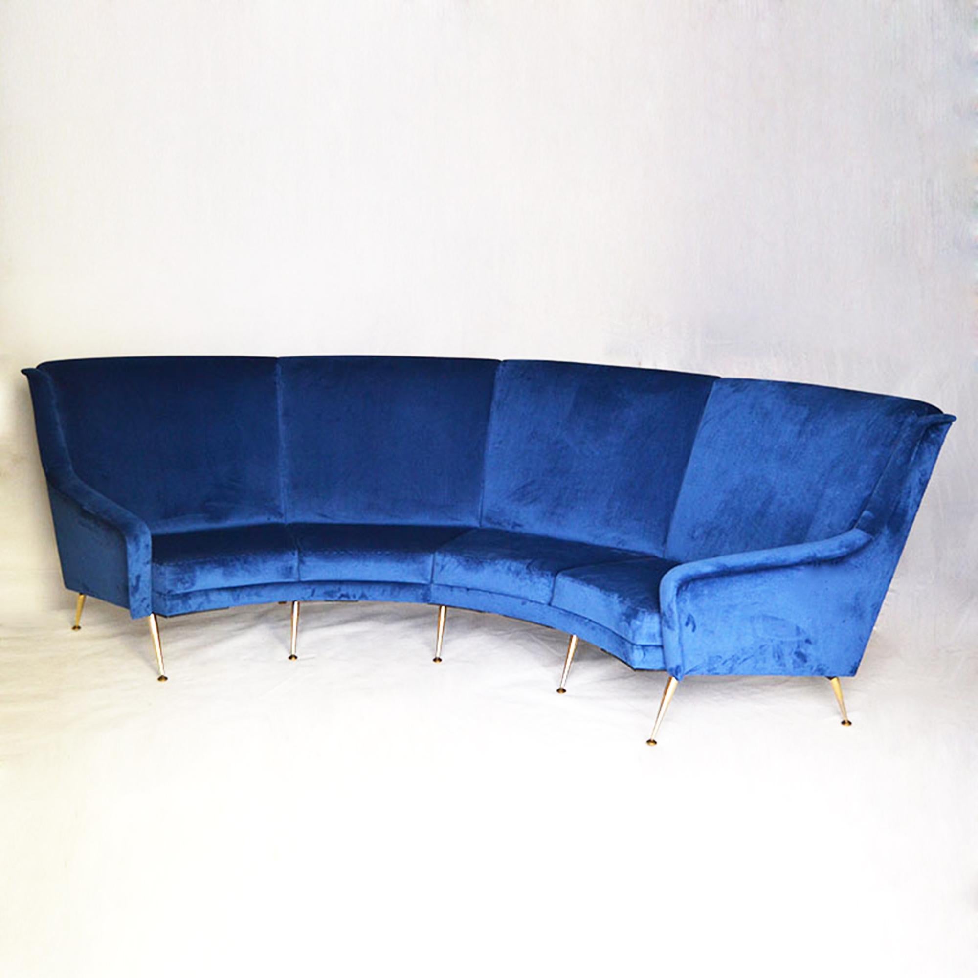 Mid-Century Modern Large Curved Sofa in Velvet and Gold Metal Edited by Erton, 1950s, France For Sale