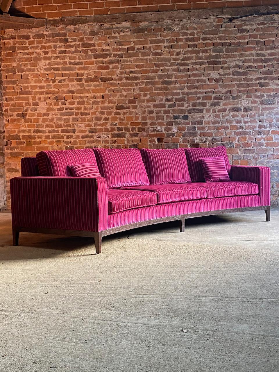 Mid-Century Modern Large Curved Sofas Rosewood and Velvet Magenta Matching Pair Custom Made