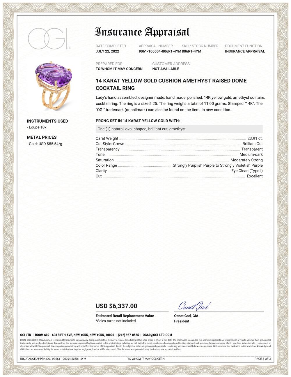 Introducing our exquisite Cushion Amethyst Ring, a true masterpiece that effortlessly combines elegance and luxury. This stunning piece features a captivating 23.95 carat cushion-cut amethyst gemstone, expertly set in a lustrous 14 karat yellow gold
