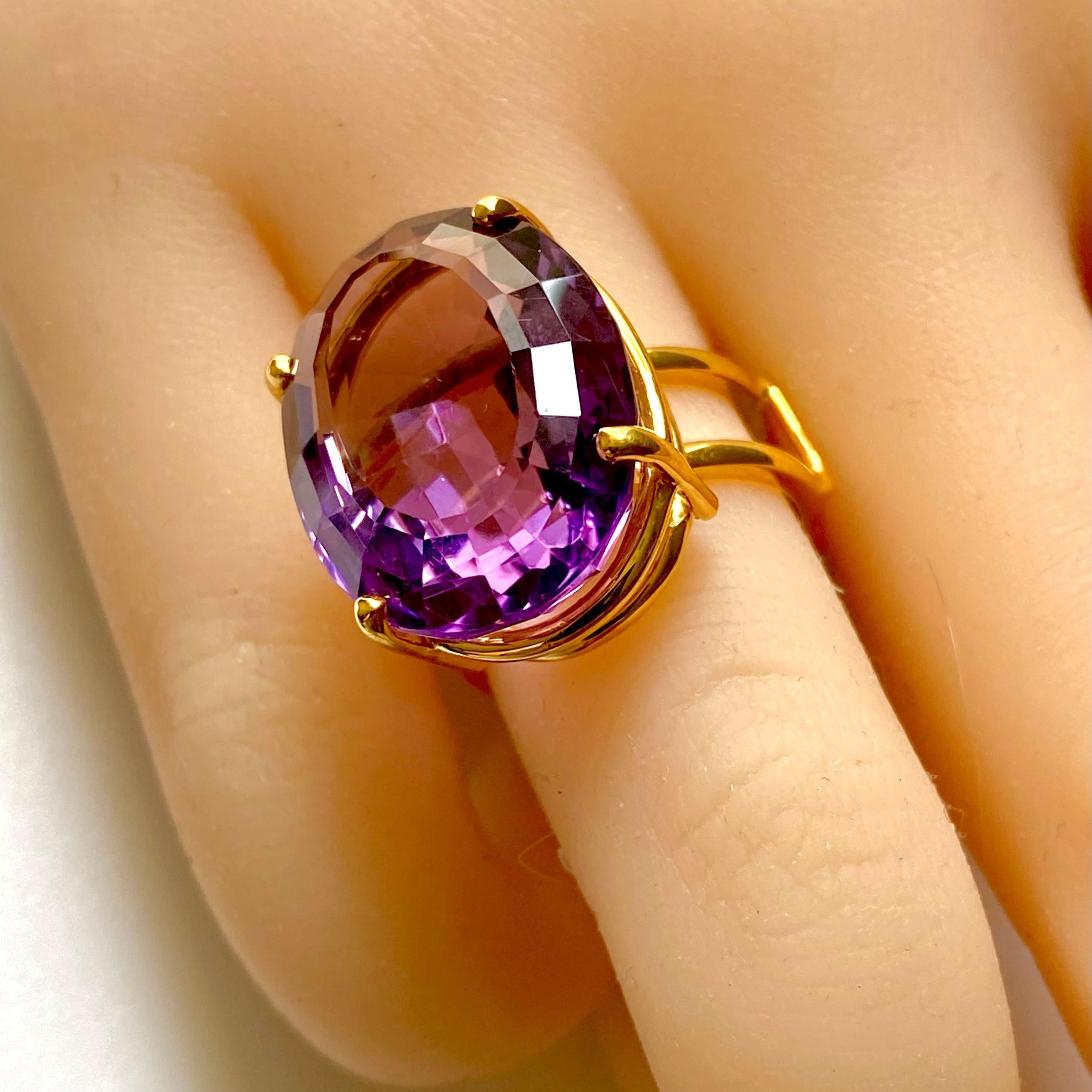 Modern Large Cushion Amethyst 23.95 Carat Double Shank Yellow Gold High Dome Ring  For Sale