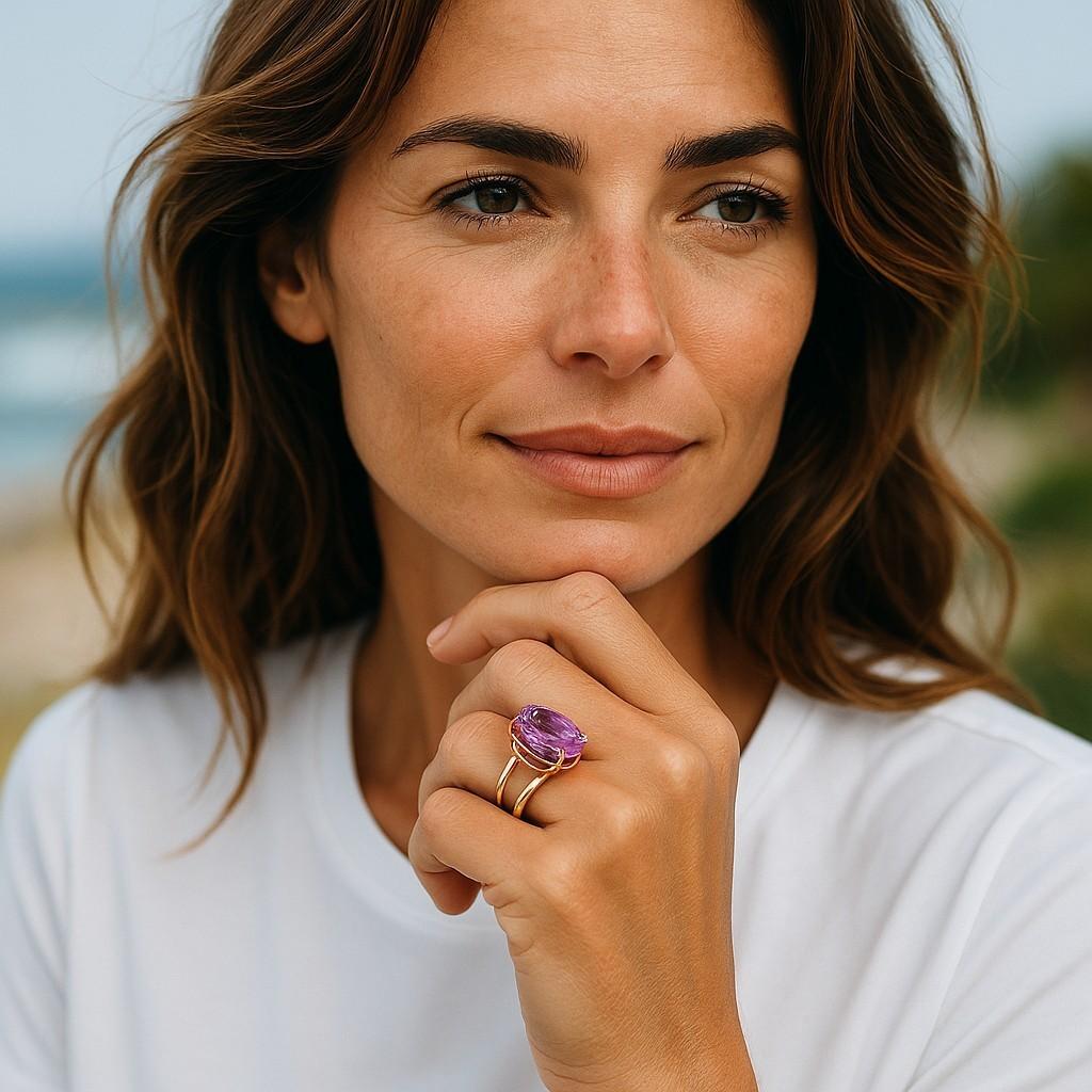 Modern Large Cushion Amethyst 23.95 Carat Double Shank Yellow Gold High Dome Ring For Sale
