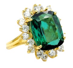 Large Cushion Cut Green Tourmaline and Diamond Halo Ring in 14 Karat Yellow Gold