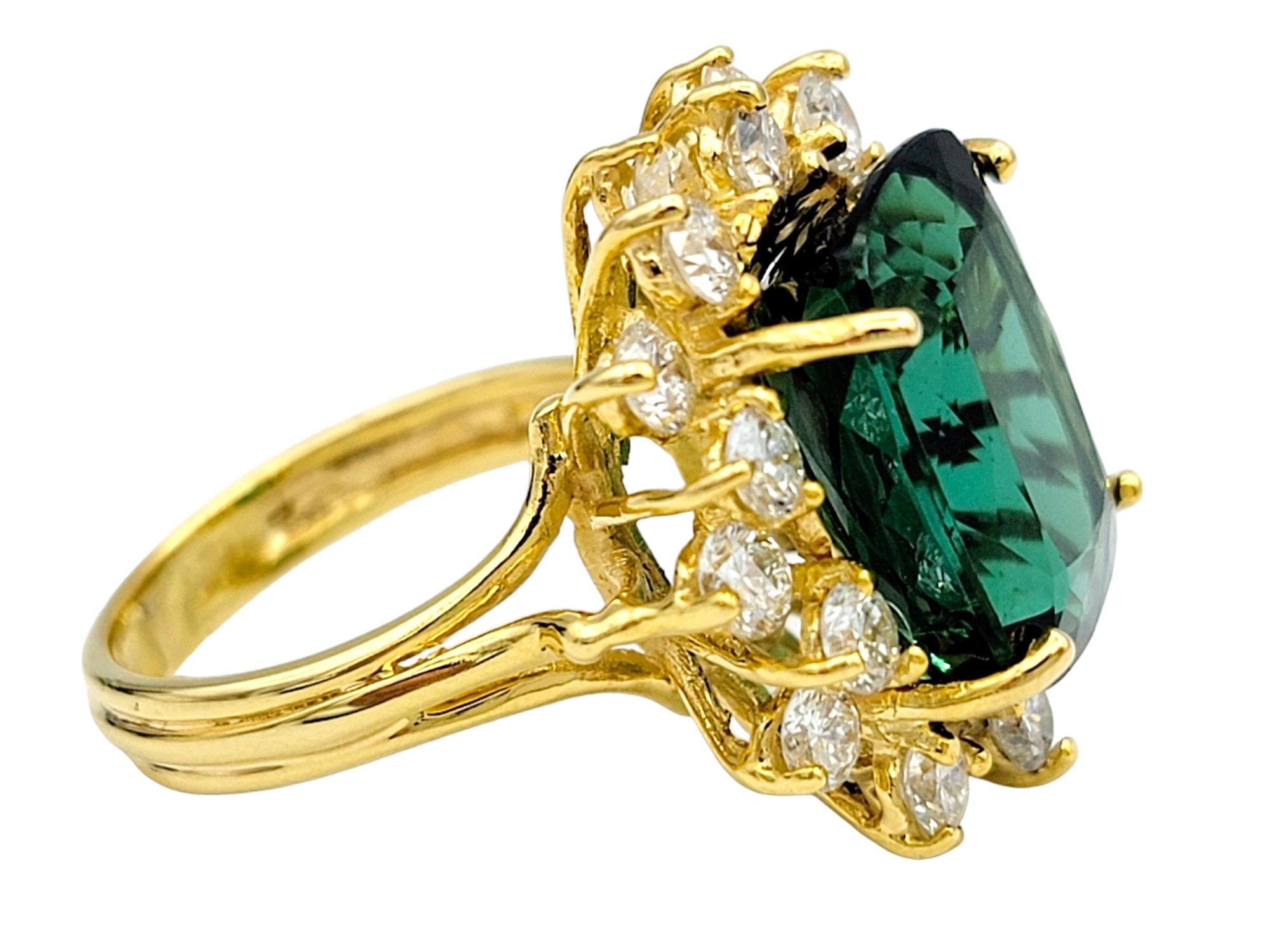 Large Cushion Cut Green Tourmaline and Diamond Halo Ring in 14 Karat Yellow Gold In Good Condition For Sale In Scottsdale, AZ