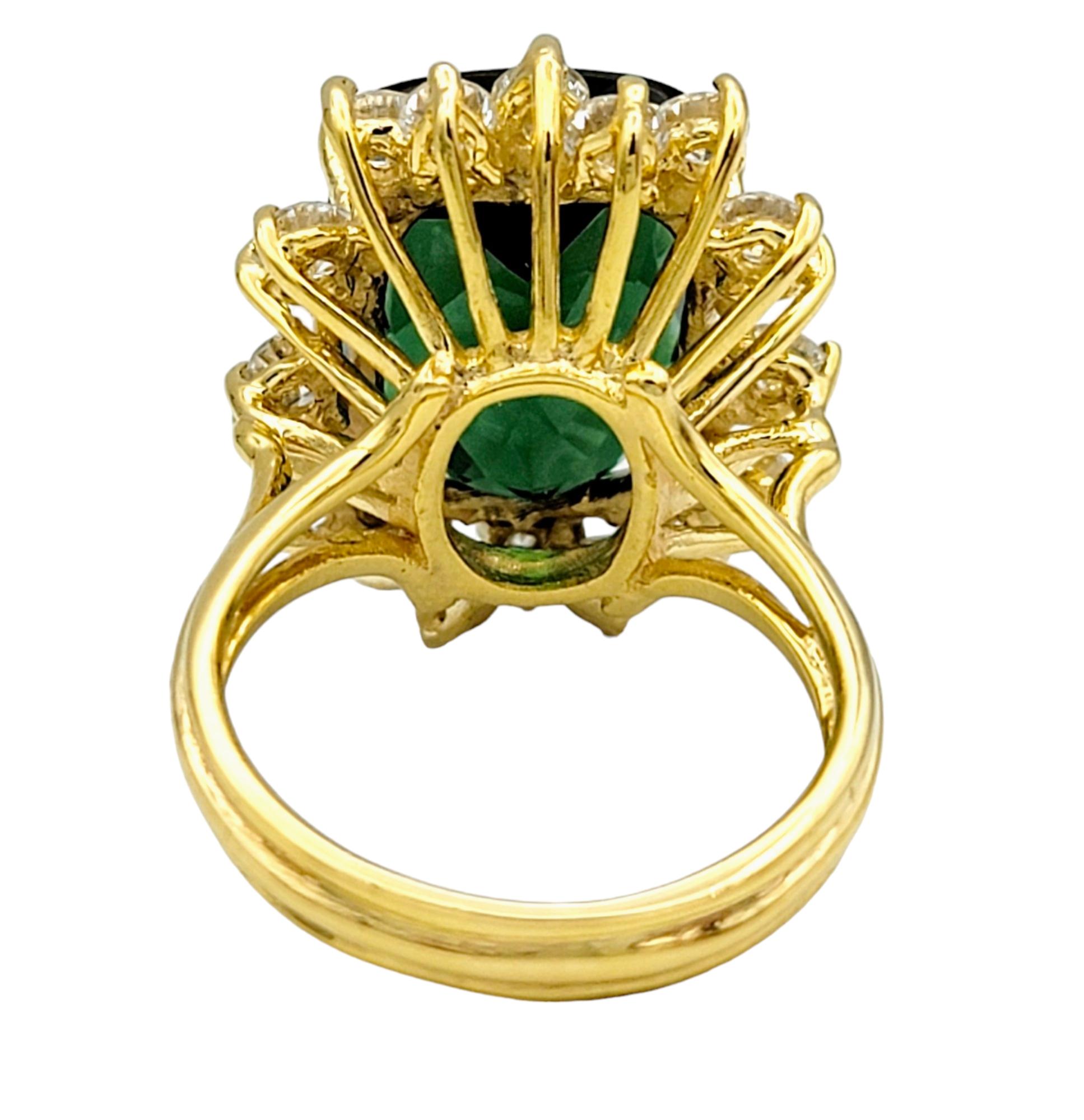 Large Cushion Cut Green Tourmaline and Diamond Halo Ring in 14 Karat Yellow Gold For Sale 1