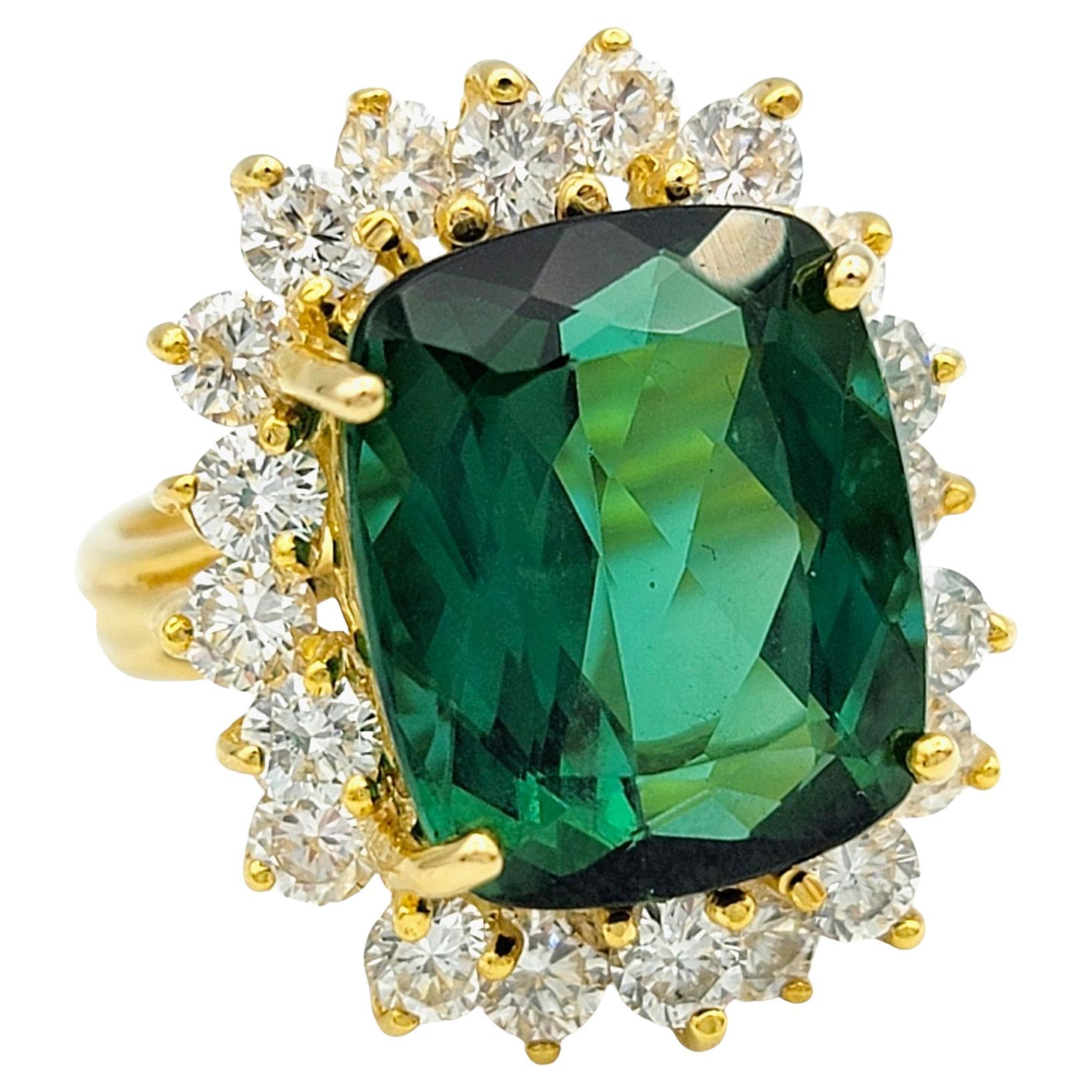 Large Cushion Cut Green Tourmaline and Diamond Halo Ring in 14 Karat Yellow Gold For Sale