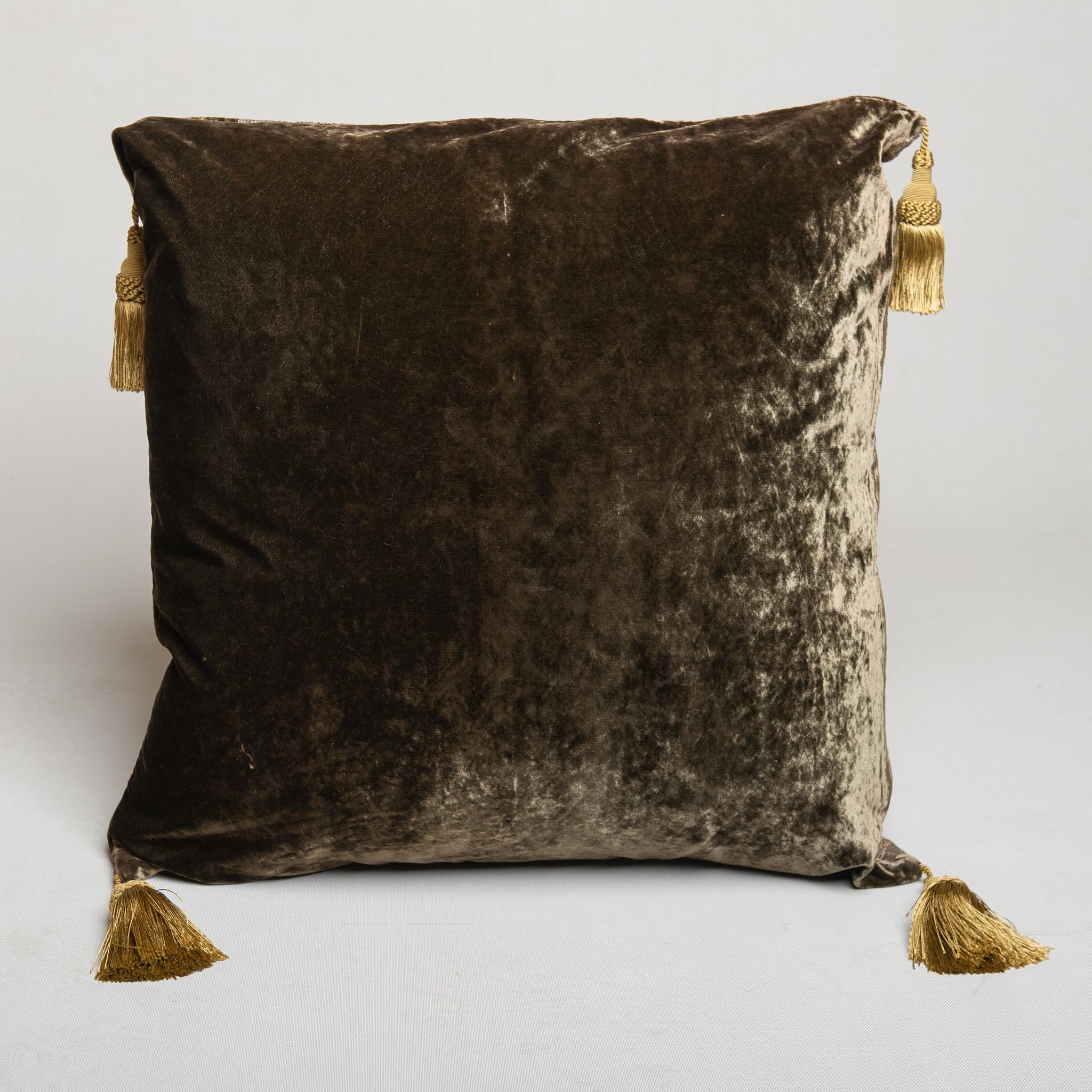 Aesthetic Movement Large Pillow in Silver and Gold Printed Signed Velvet For Sale