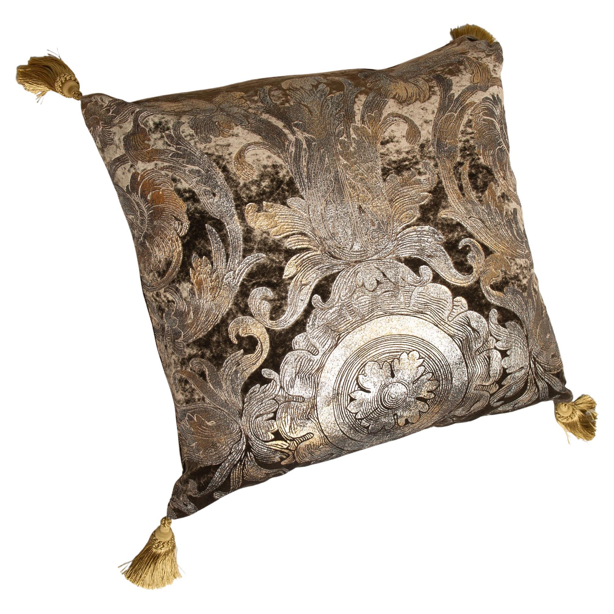 Large Pillow in Silver and Gold Printed Signed Velvet For Sale
