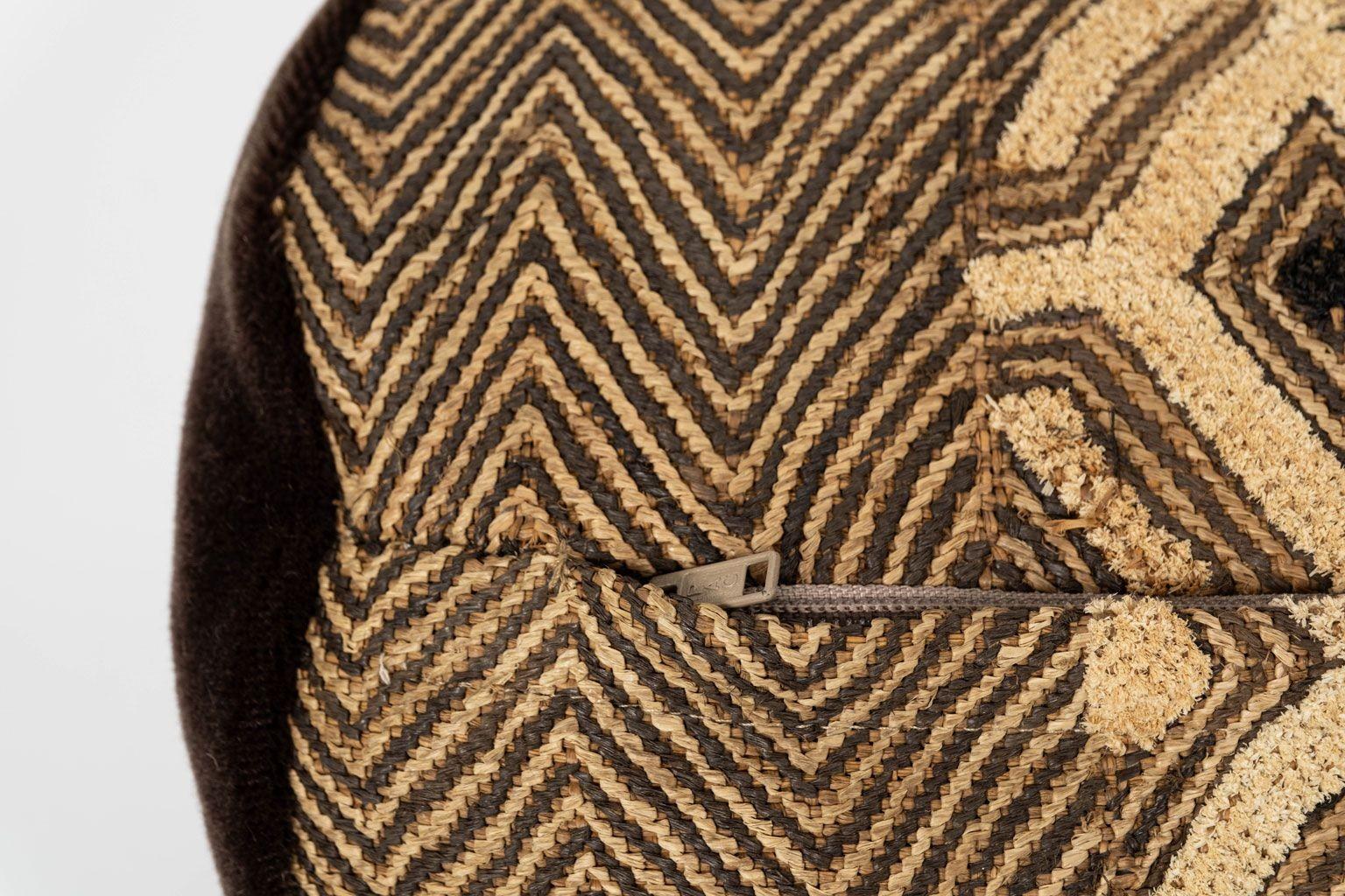 American Large Custom Bolster Cushion from Vintage African Kuba Cloth For Sale