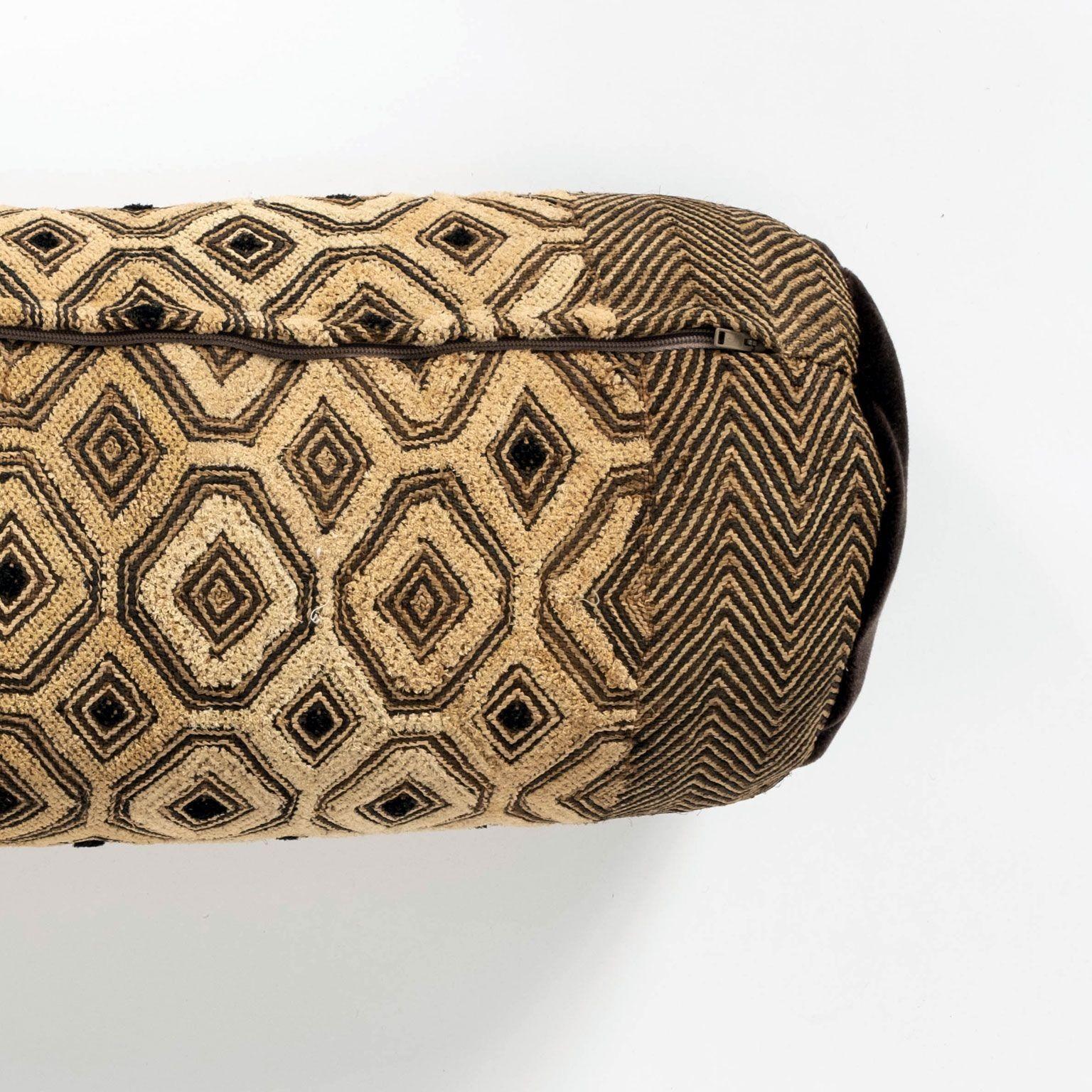 Cast Large Custom Bolster Cushion from Vintage African Kuba Cloth For Sale