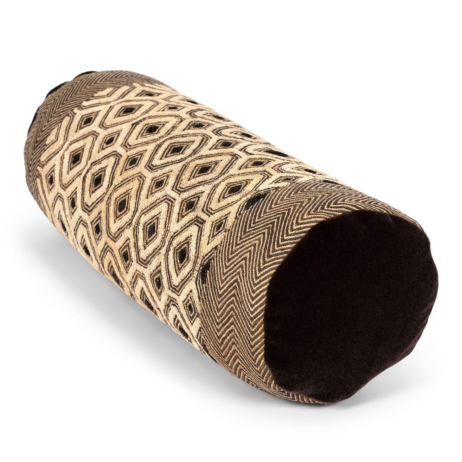 Large Custom Bolster Cushion from Vintage African Kuba Cloth In Good Condition For Sale In Houston, TX