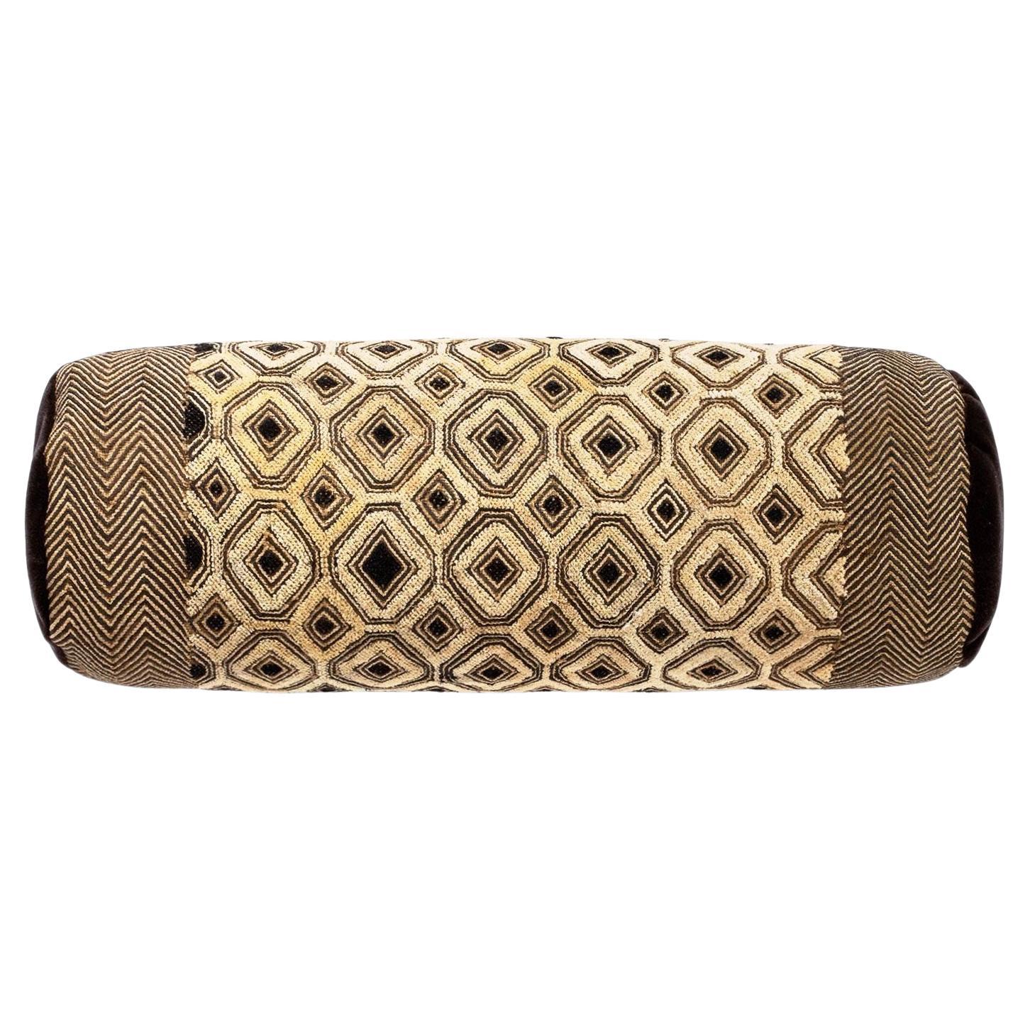 Large Custom Bolster Cushion from Vintage African Kuba Cloth For Sale