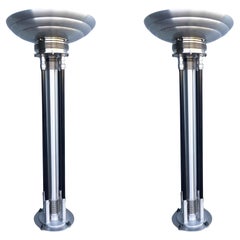Large Custom Build Machine Age Art Deco Revival Chrome Floor Lamp, Pair