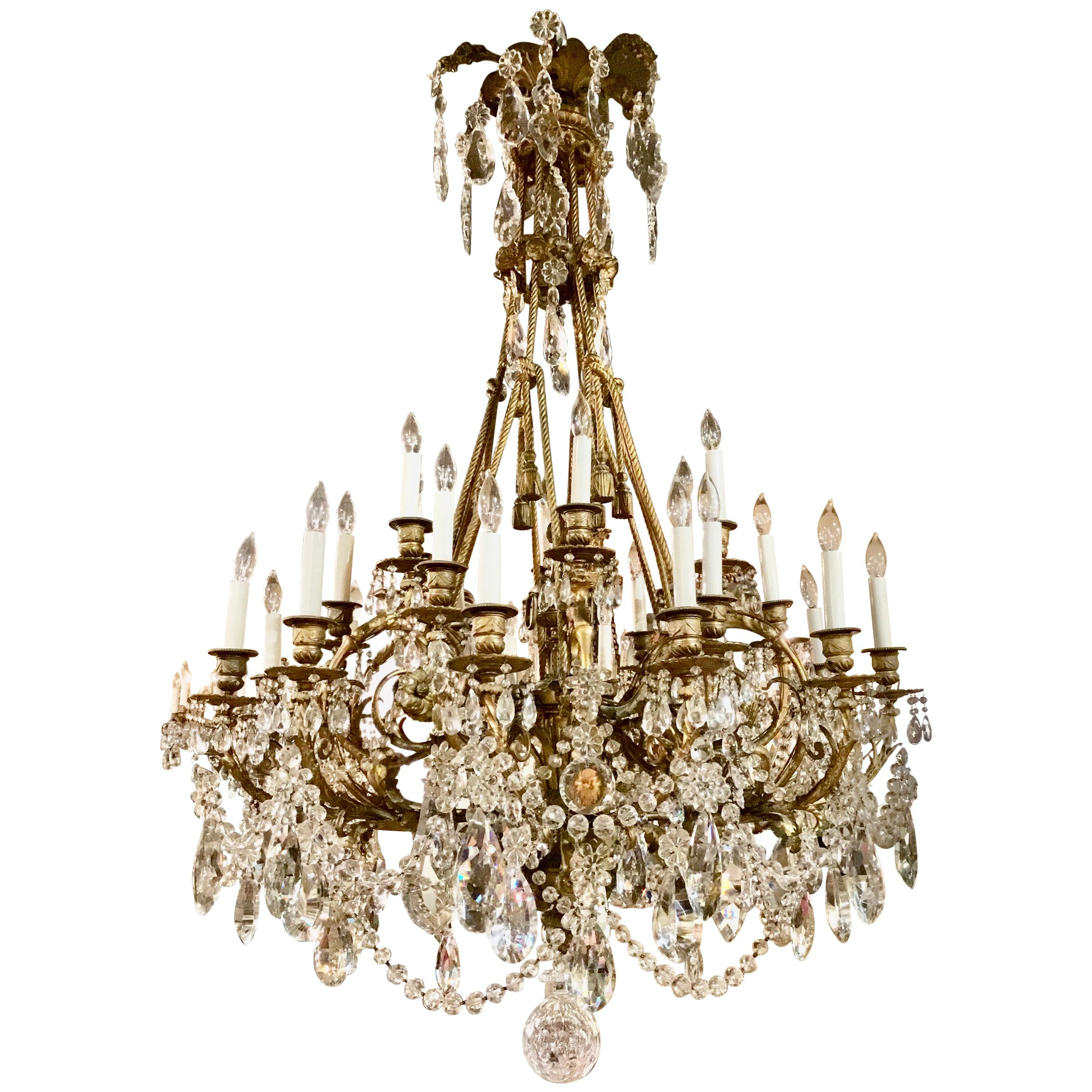 Large Custom Designed Chandelier, Gilt Bronze and Crystal, 24 Lights For Sale