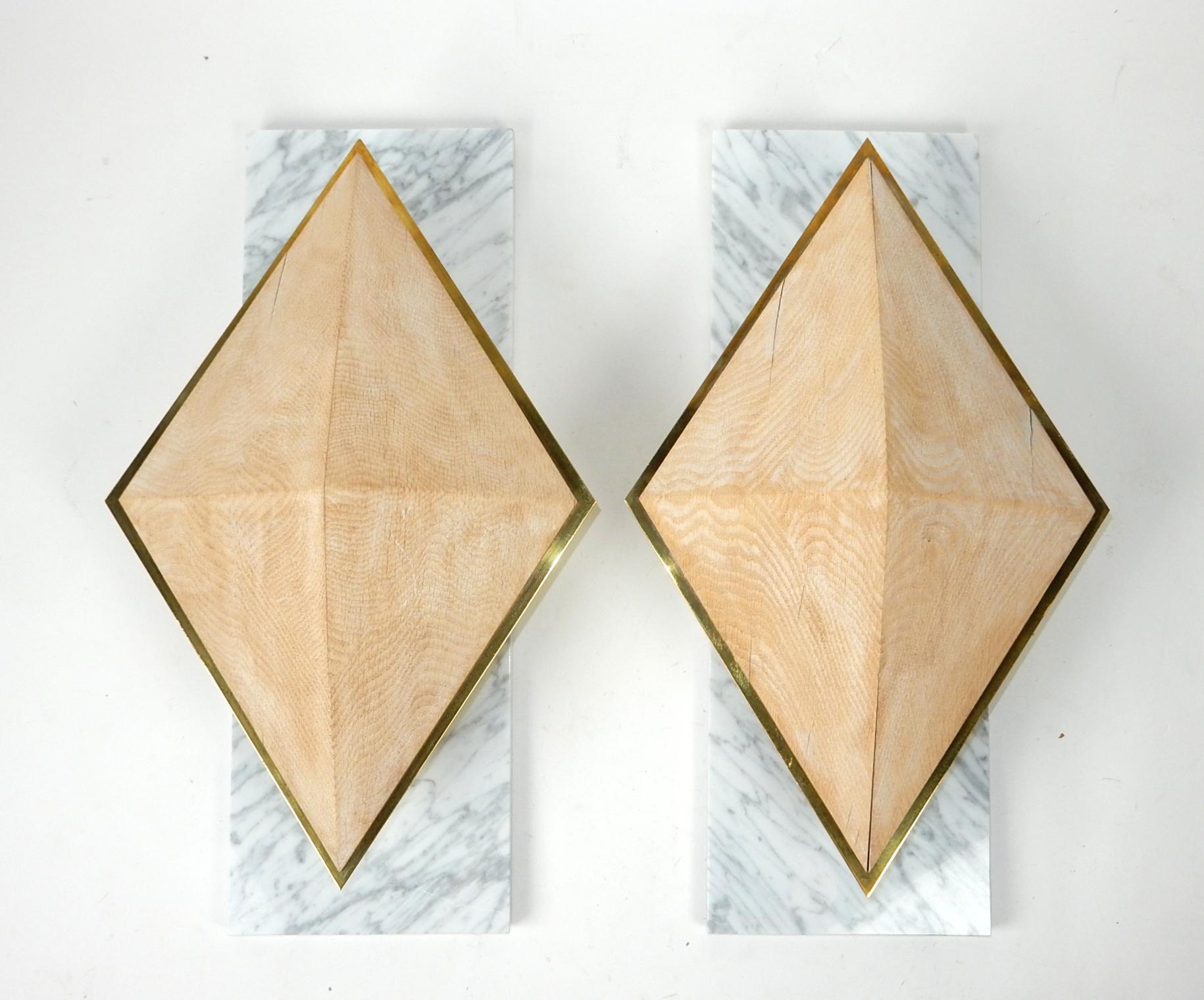 Large Custom Diamond Wall Sconces Brass, Carrara Marble and Wood For Sale 2
