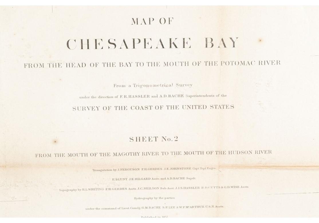An antique 1850's nautical map with hand-painted color accents entitled “Chesapeake Bay; Sheet no. 2: Head of the Bay to the Mouth of the Potomac River”. Created by the United States Coast Survey. Presented under glass in a large custom gilt frame