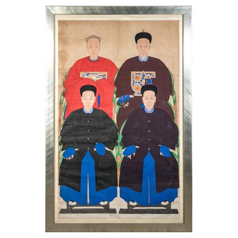 Large Custom Framed Hand Painted Chinese Multi-figural Ancestral Portrait