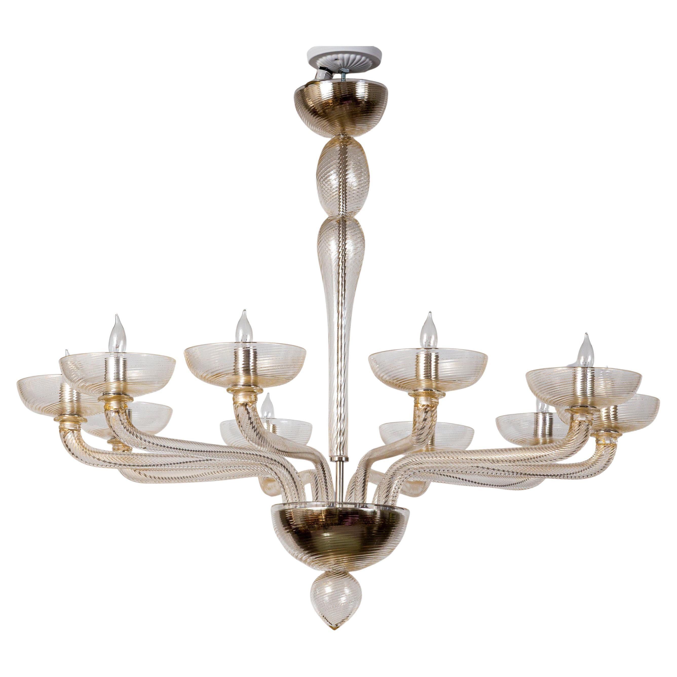 Italiano Grande lampadario a dieci bracci a spirale di Murano soffiato in oro, contemporaneo in vendita