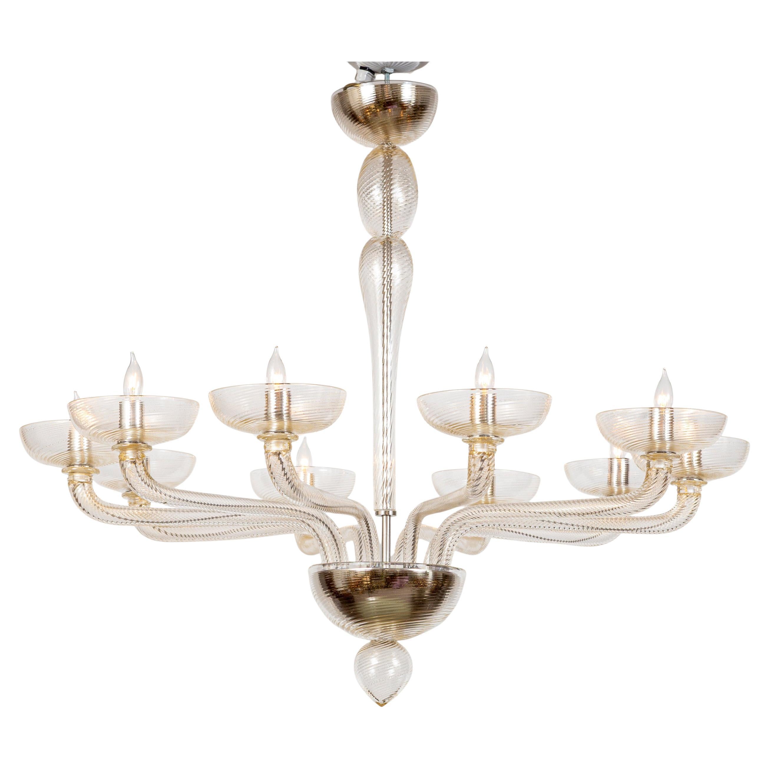 Vetro soffiato Grande lampadario a dieci bracci a spirale di Murano soffiato in oro, contemporaneo in vendita