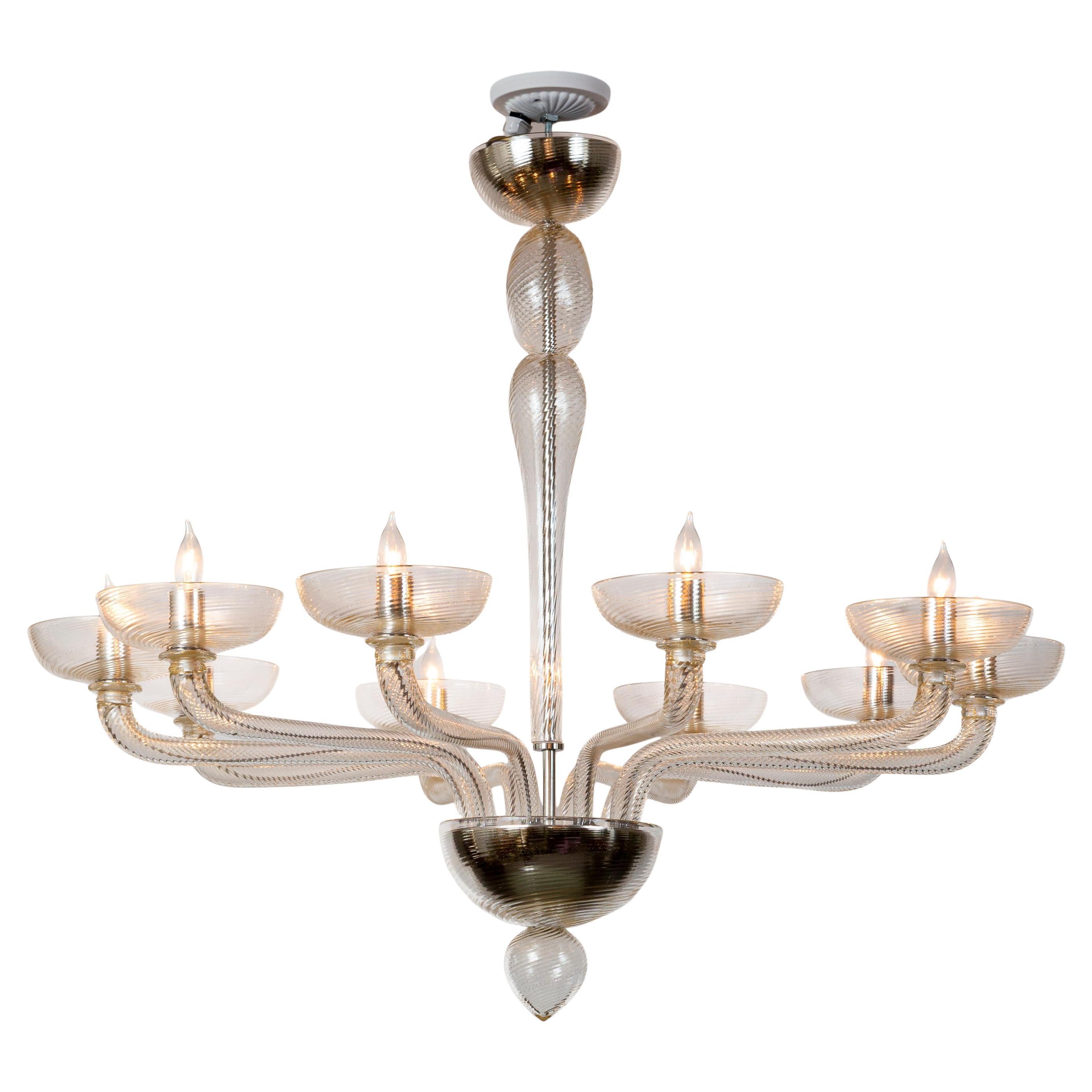 Grande lampadario a dieci bracci a spirale di Murano soffiato in oro, contemporaneo in vendita 1