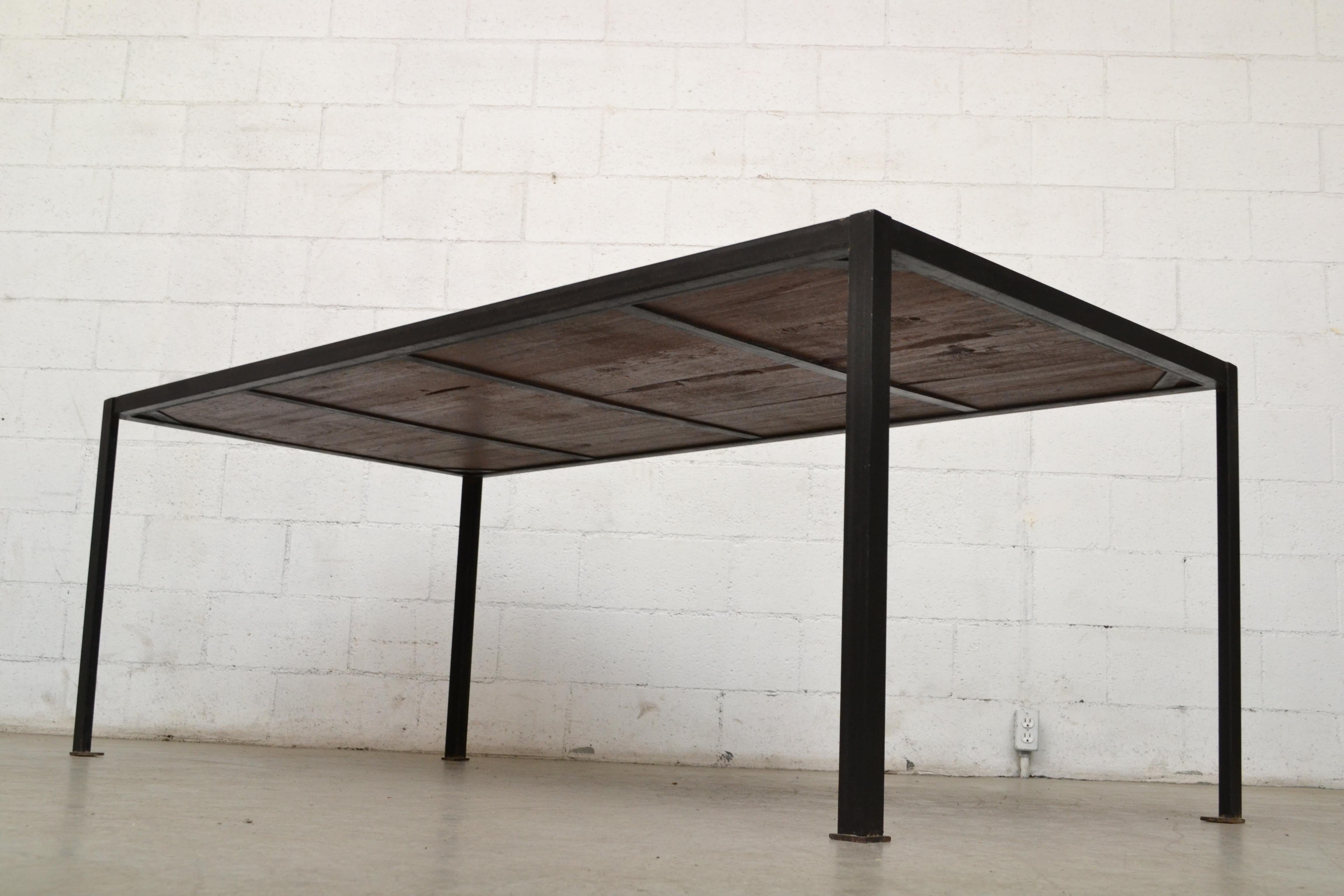 Enameled Large Custom Industrial Table with Solid Pecan Top