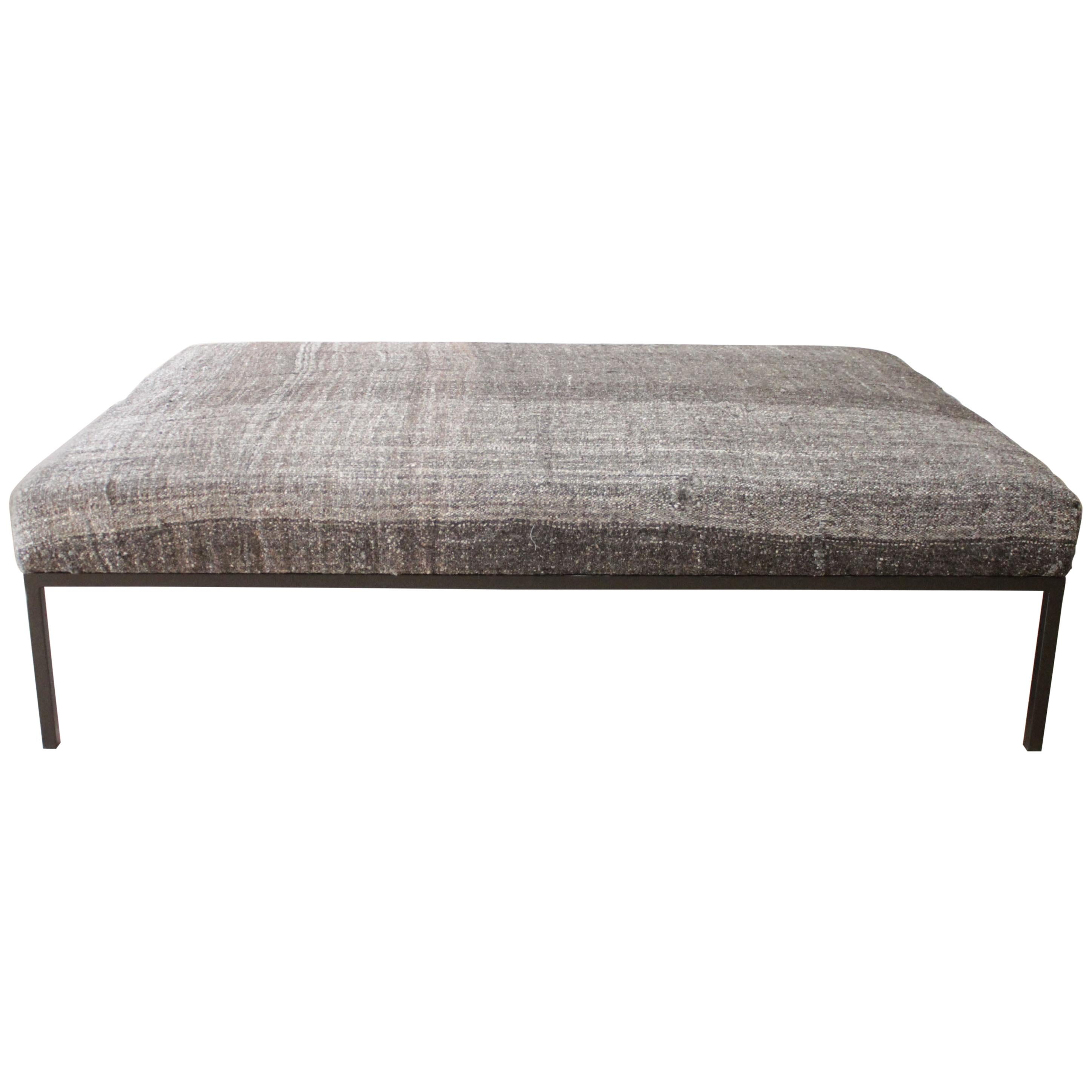 Large Custom Iron Cocktail Table Ottoman Upholstered in a Vintage Turkish Rug
