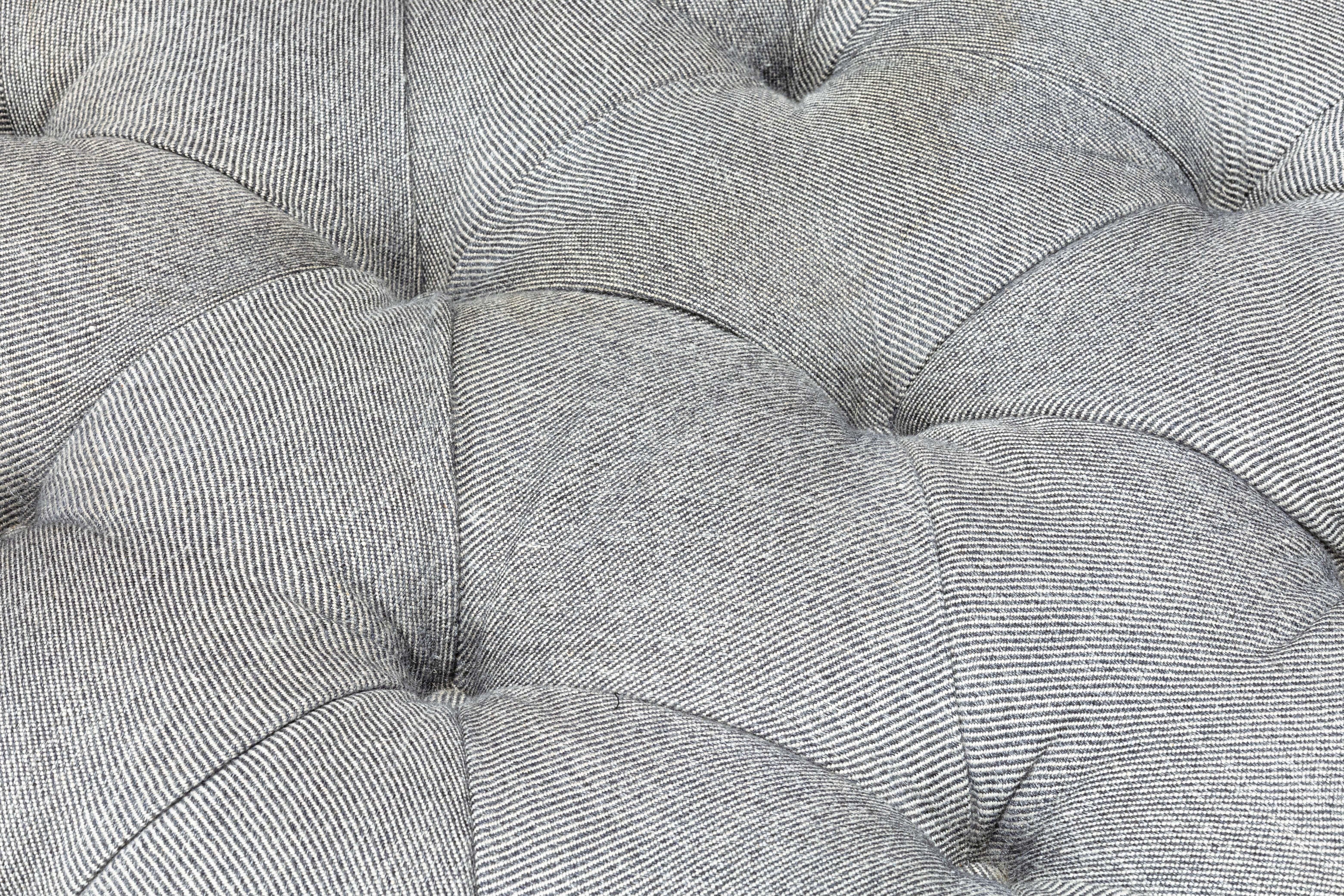 Large Custom Made Contemporary Modern Round Gray Tufted Ottoman on Wood Base In Good Condition For Sale In Keego Harbor, MI