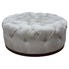 Used Large Custom Made Contemporary Modern Round Gray Tufted Ottoman on Wood Base