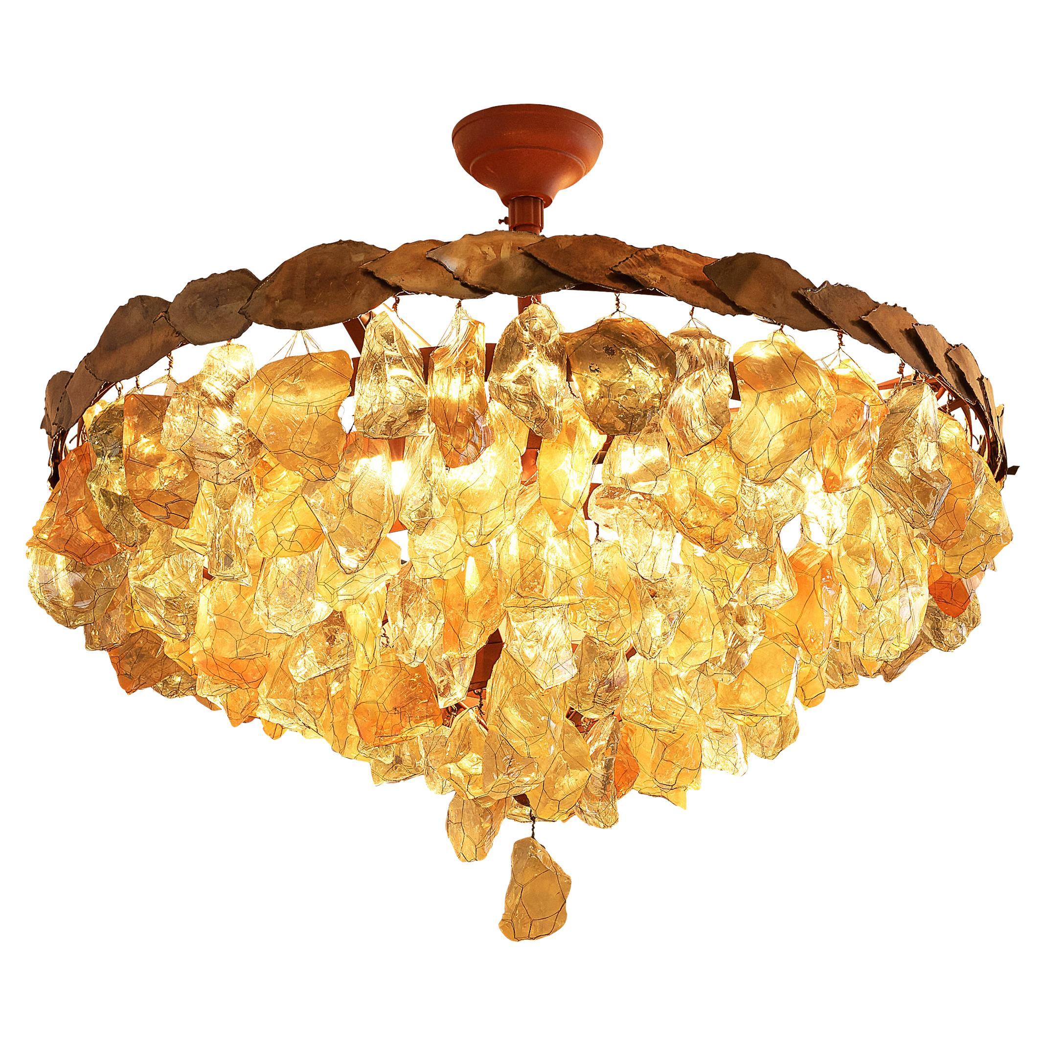 Grand French Chandeliers with Colorful Glass and Brass Leaves 