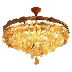 Grand French Chandeliers with Colorful Glass and Brass Leaves