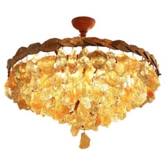 Vintage Grand French Chandeliers with Colorful Glass and Brass Leaves 