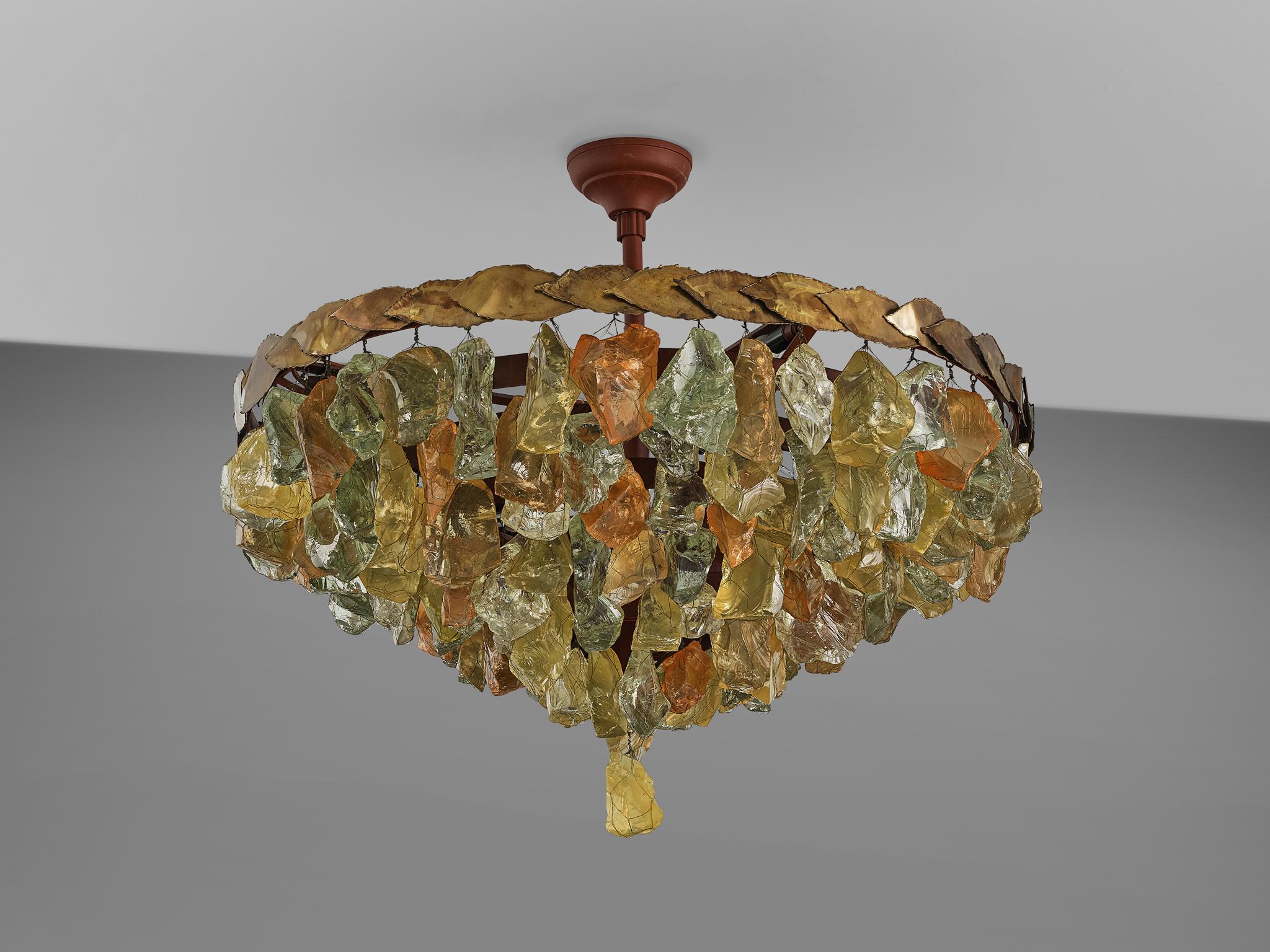 Grand French Chandeliers with Colorful Glass and Brass Leaves  3