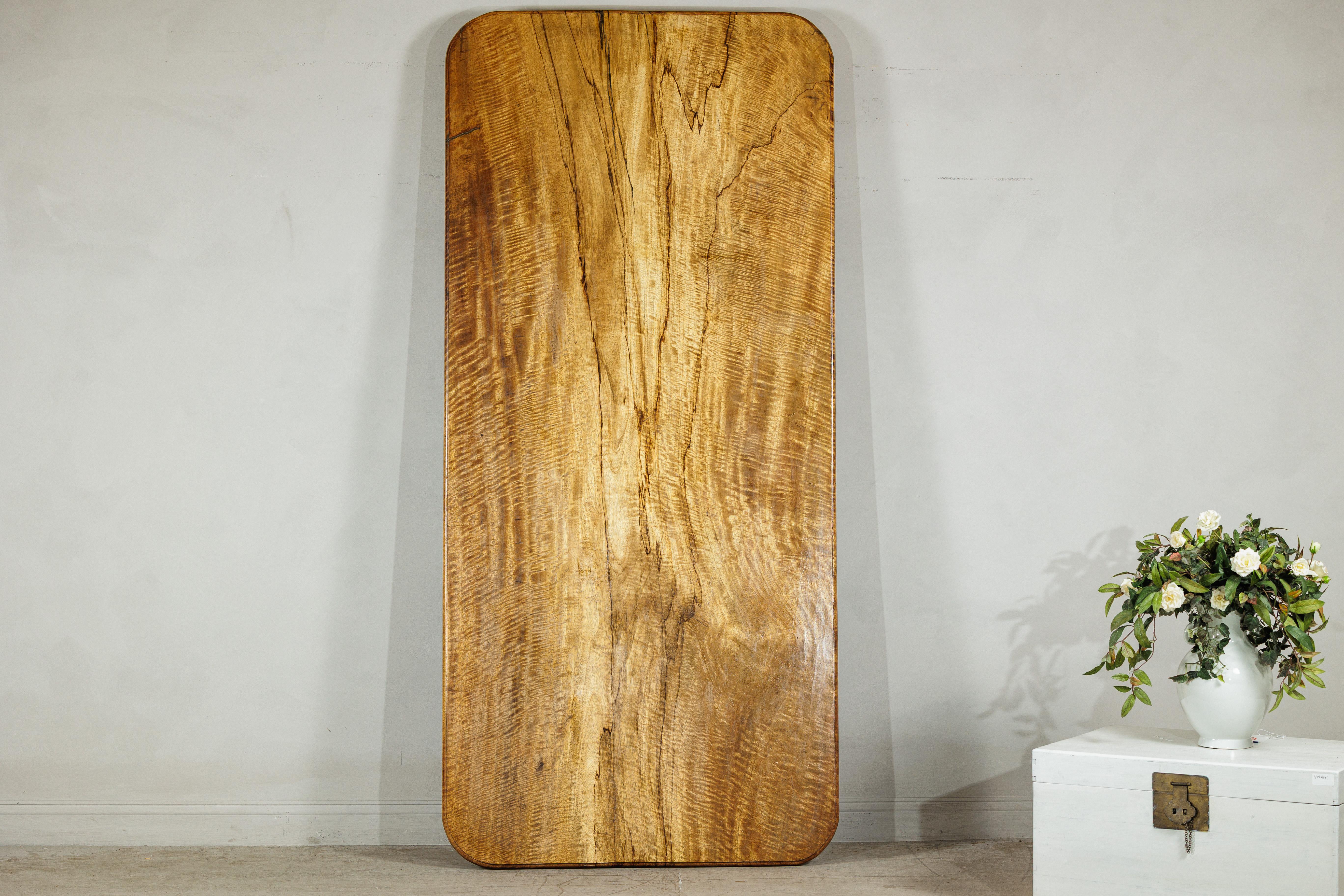 This substantial mango wood table top showcases the natural beauty of the timber with its bold, highly figured grain. The surface reveals a play of light and dark tones, with organic striations and patterns that make each viewing angle slightly